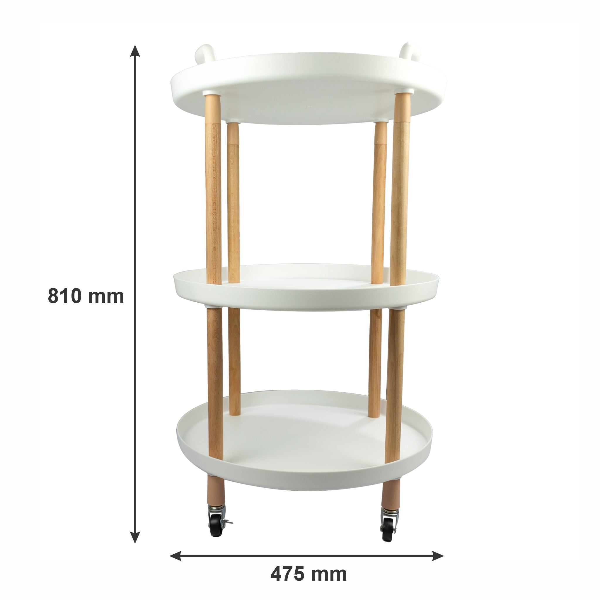 STORAGE RACK ROUND 3 SHELF WHITE PLASTIC AND WOOD ON CASTERS, 810X475MM DIA