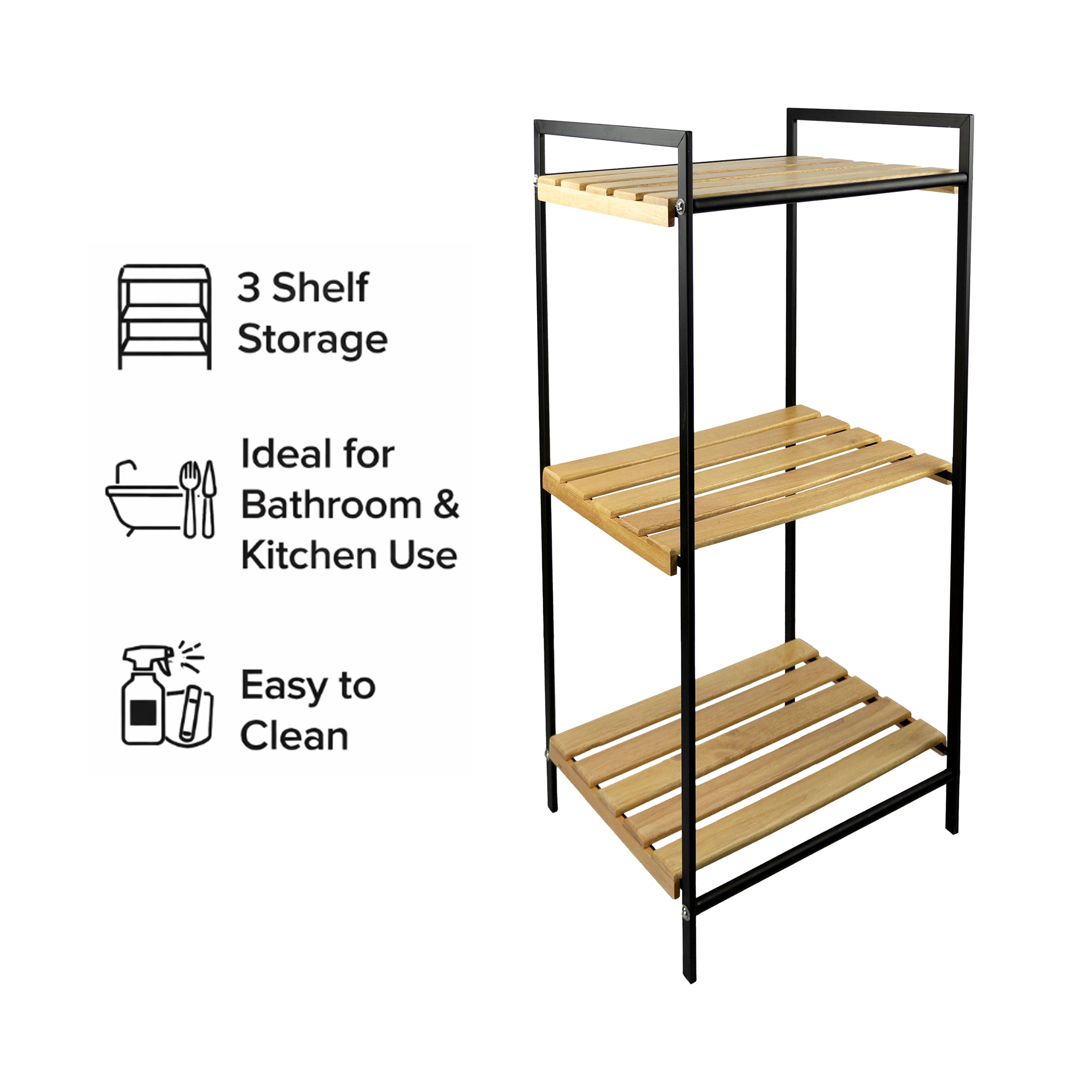 MULTI PURPOSE STORAGE RACK 3 BAMBOO SHELVES ON BLACK METAL FRAME, 415X330MM