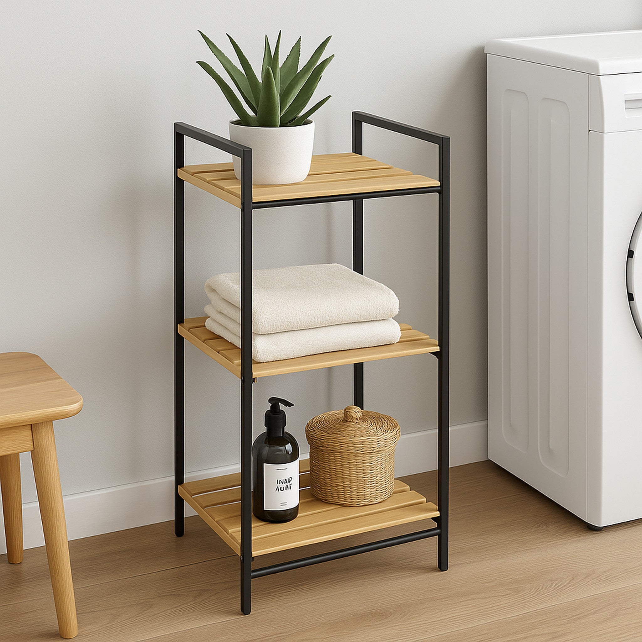 MULTI PURPOSE STORAGE RACK 3 BAMBOO SHELVES ON BLACK METAL FRAME, 415X330MM