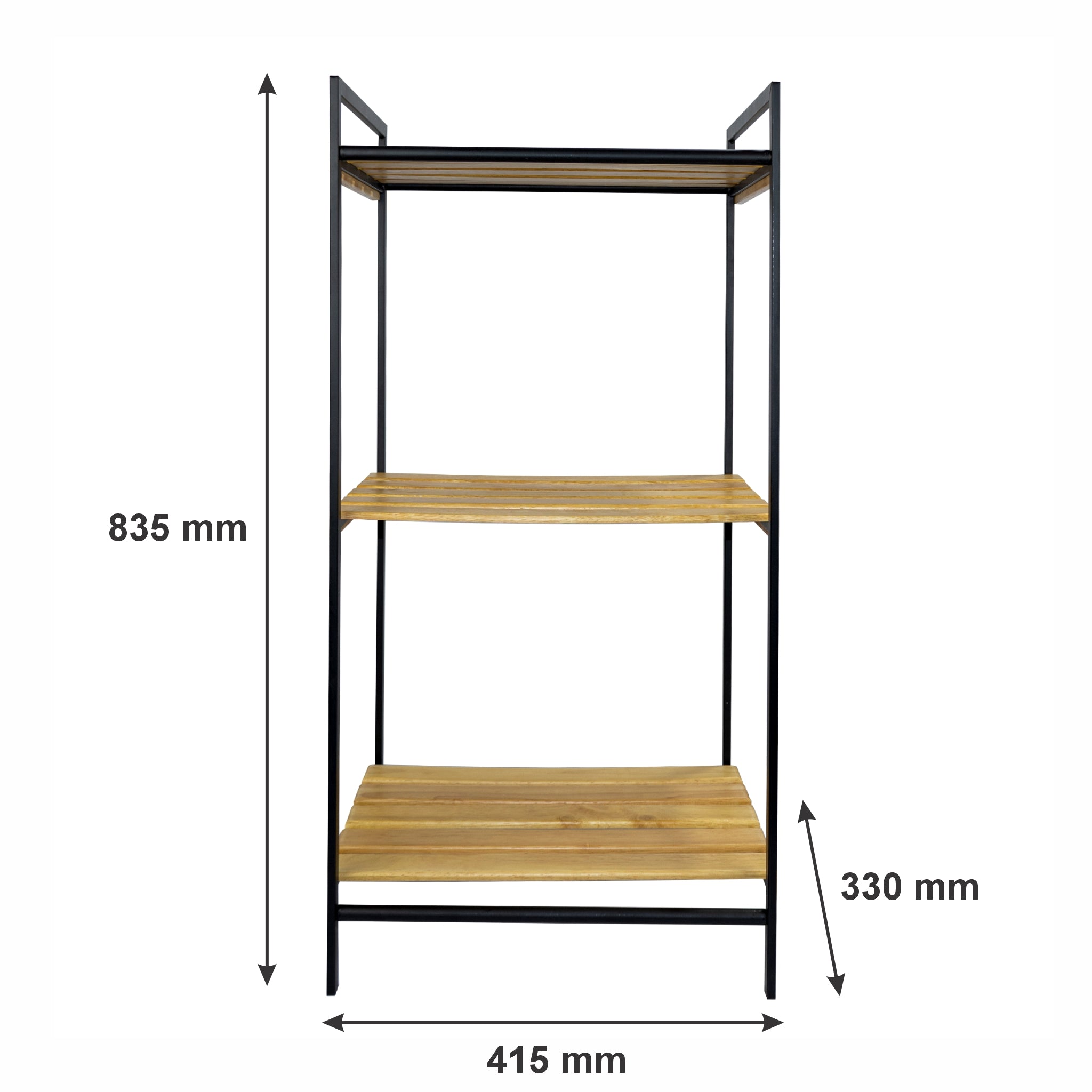 MULTI PURPOSE STORAGE RACK 3 BAMBOO SHELVES ON BLACK METAL FRAME, 415X330MM