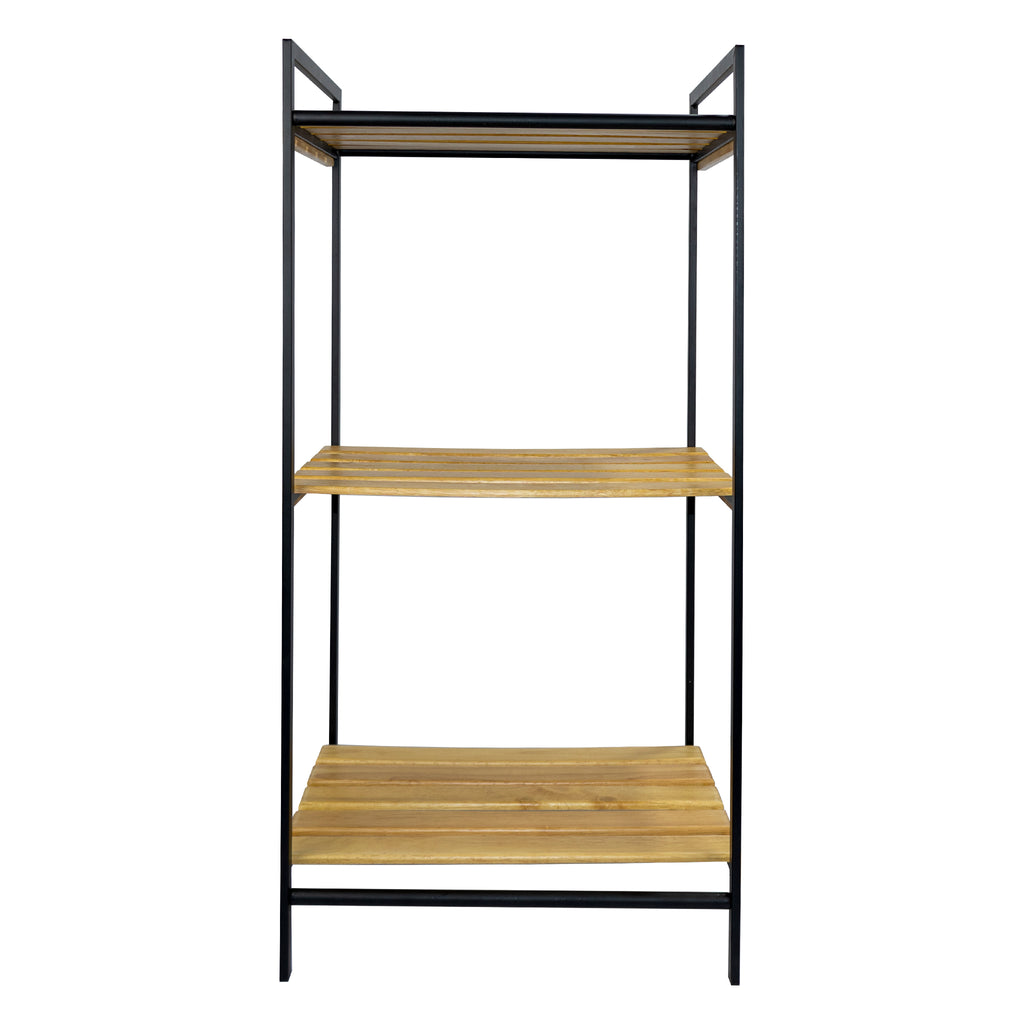 MULTI PURPOSE STORAGE RACK 3 BAMBOO SHELVES ON BLACK METAL FRAME