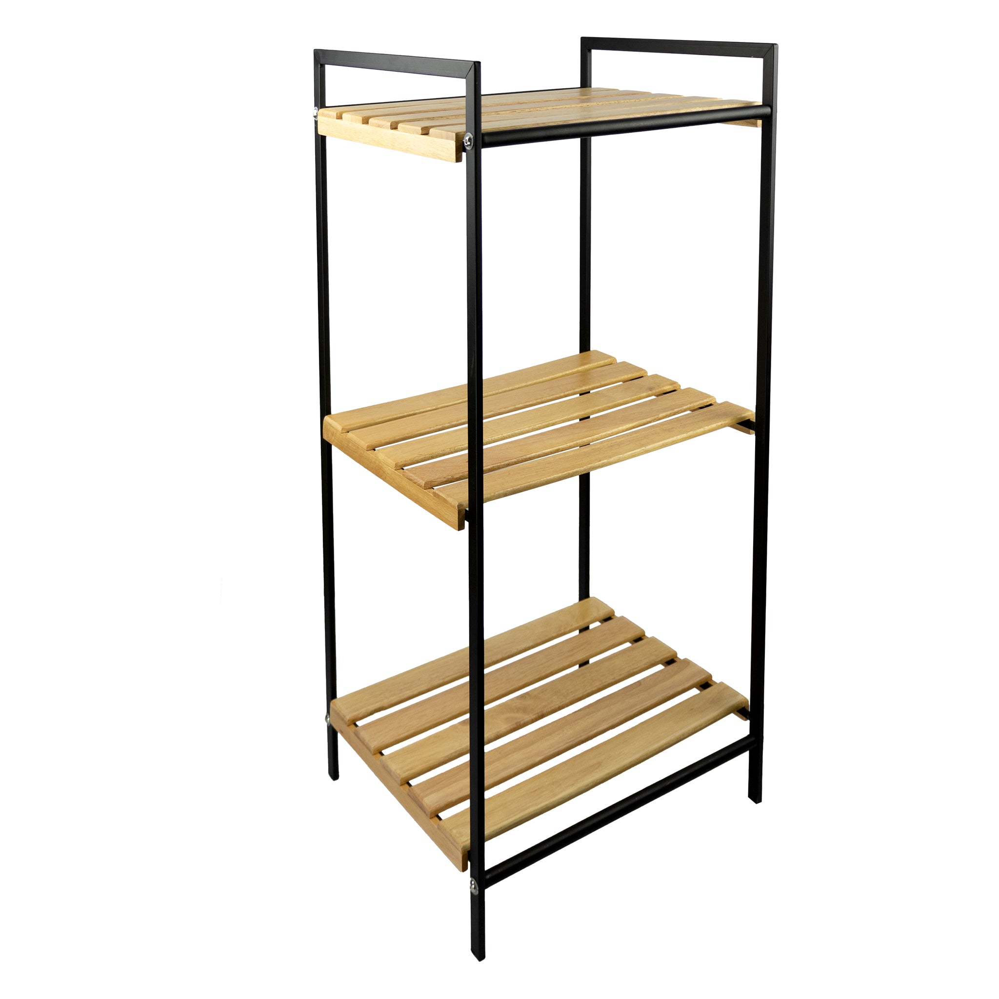 MULTI PURPOSE STORAGE RACK 3 BAMBOO SHELVES ON BLACK METAL FRAME, 415X330MM