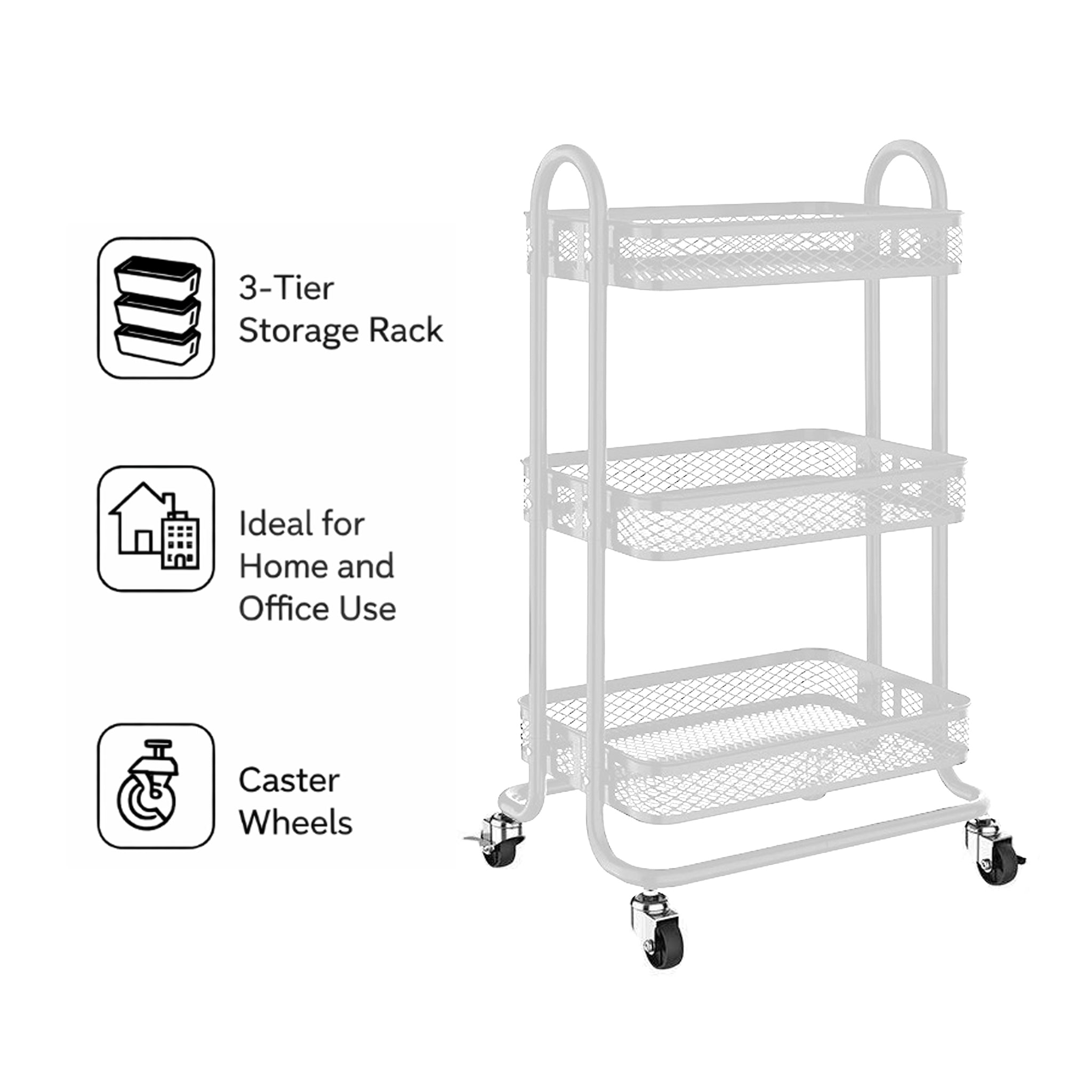 STORAGE RACK 3 WHITE WIRE MESH SHELVES ON A METAL FRAME ON CASTERS, 455X345MM