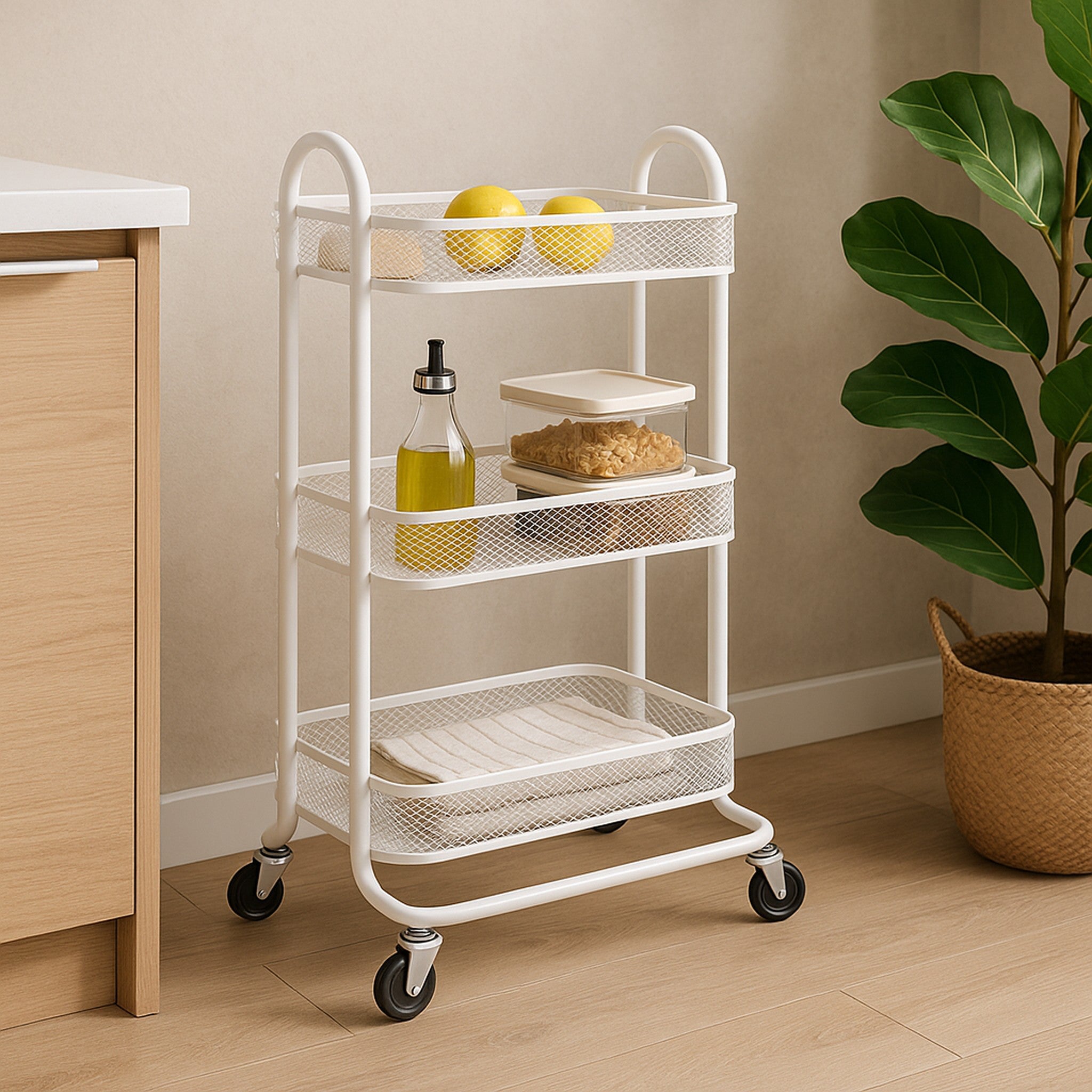 STORAGE RACK 3 WHITE WIRE MESH SHELVES ON A METAL FRAME ON CASTERS, 455X345MM