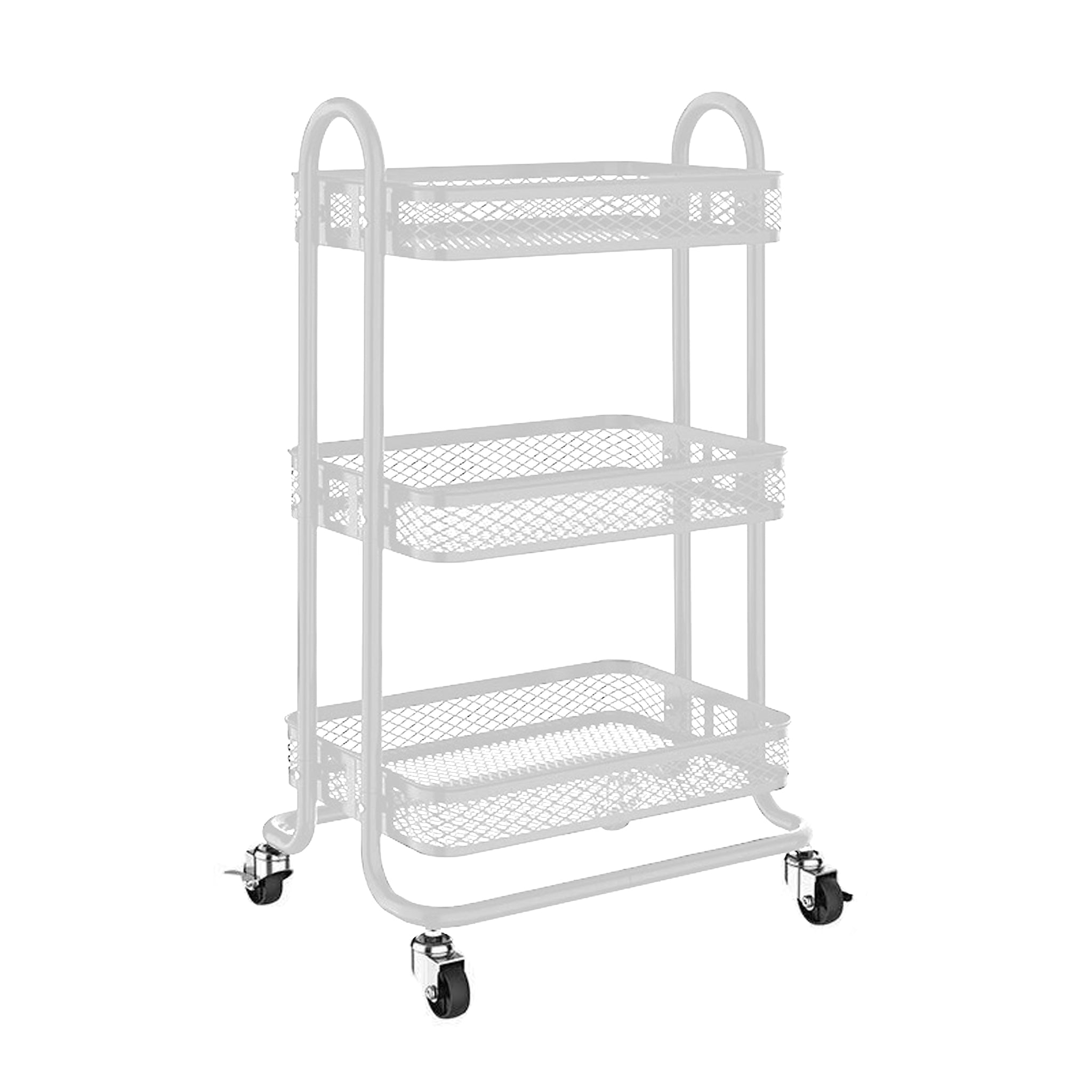 STORAGE RACK 3 WHITE WIRE MESH SHELVES ON A METAL FRAME ON CASTERS, 455X345MM