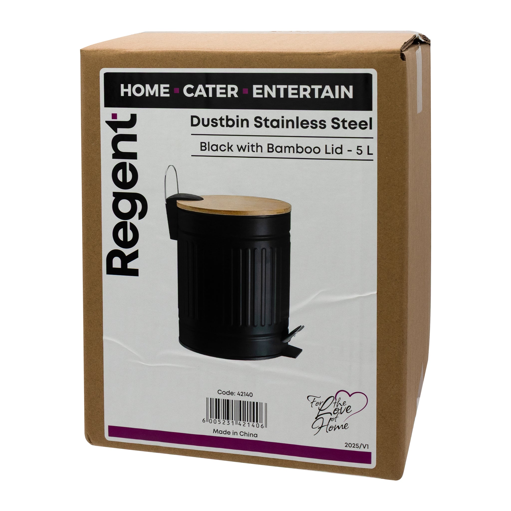 REGENT DUSTBIN STAINLESS STEEL BLACK WITH BAMBOO LID, 5L