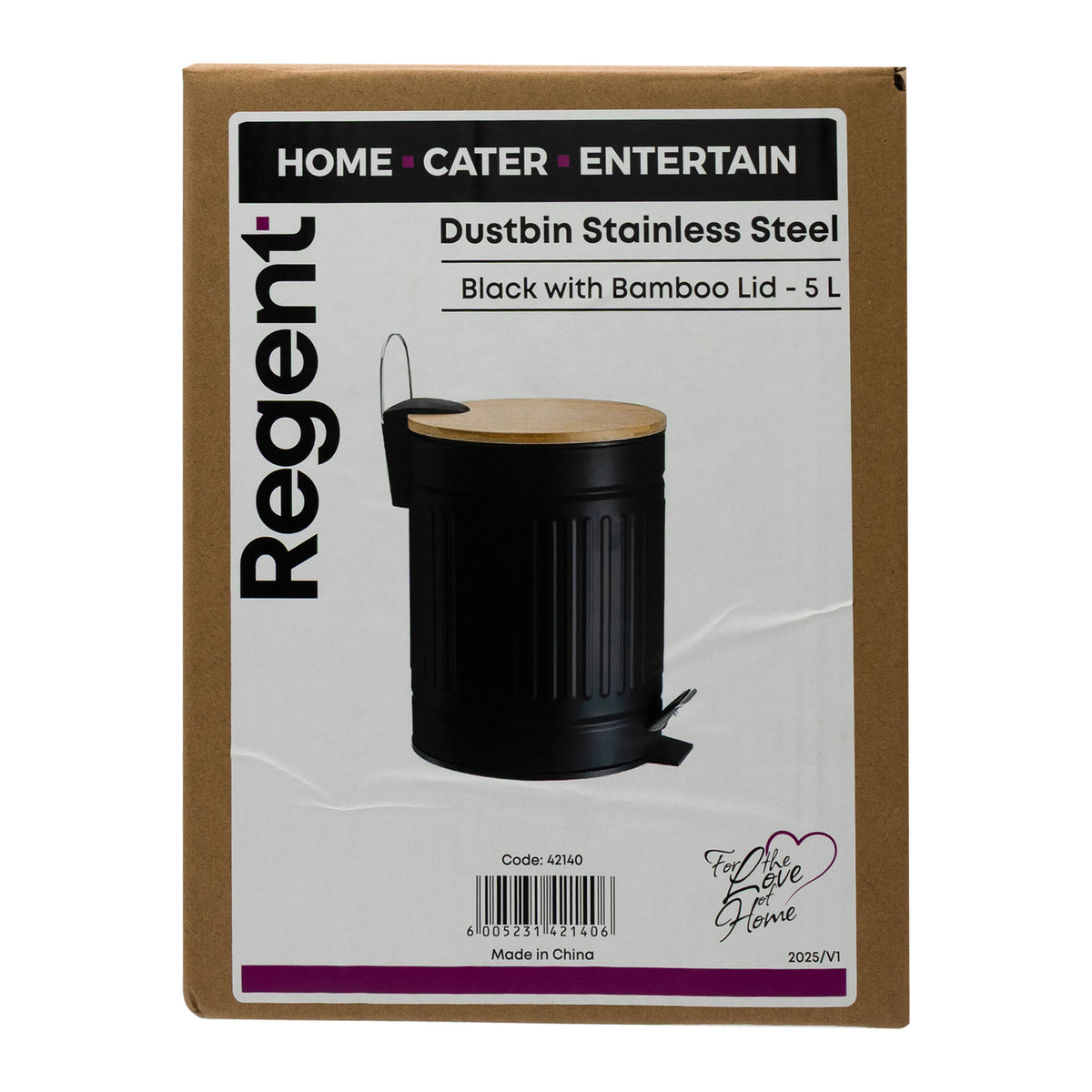 REGENT DUSTBIN STAINLESS STEEL BLACK WITH BAMBOO LID, 5L