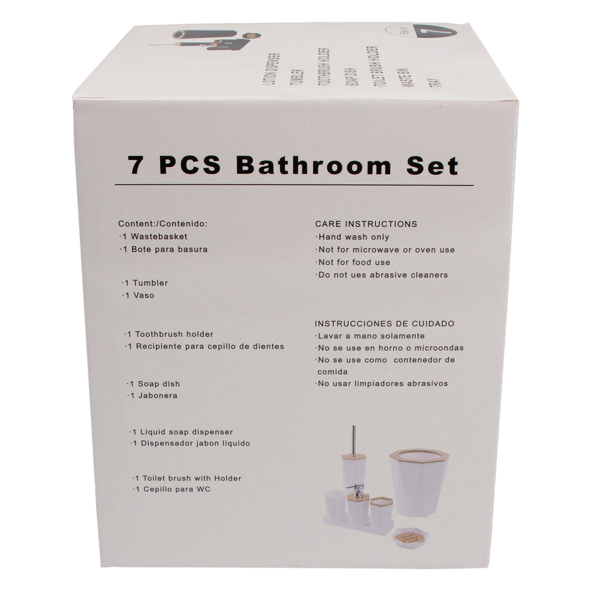 BATHROOM SET WHITE PLASTIC WITH BAMBOO LID 7PC