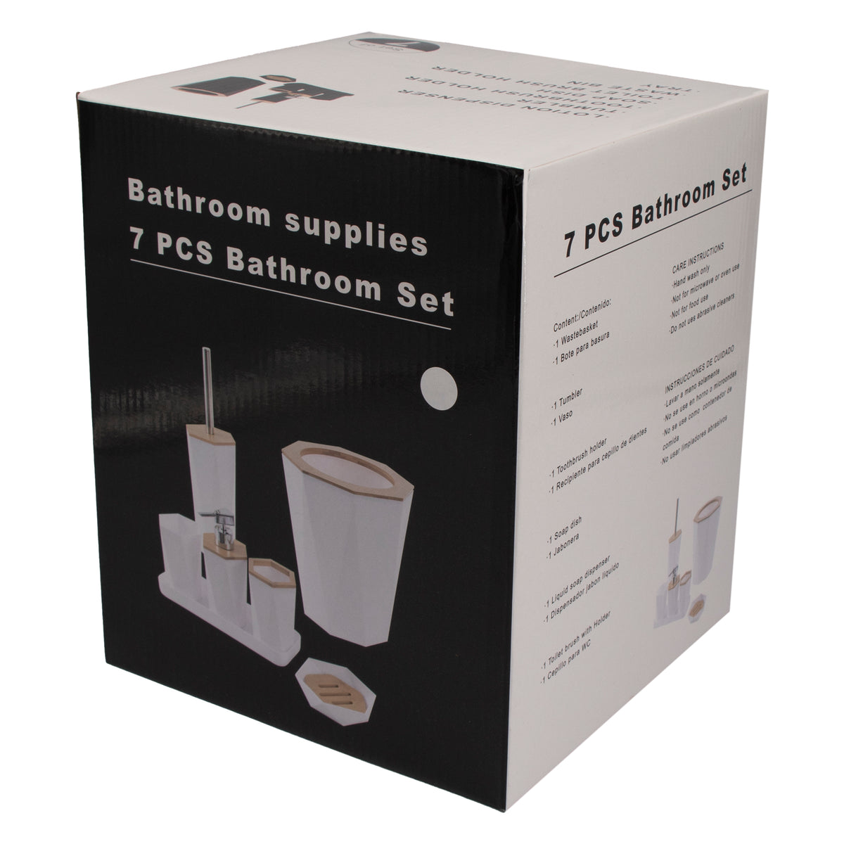 BATHROOM SET WHITE PLASTIC WITH BAMBOO LID 7PC