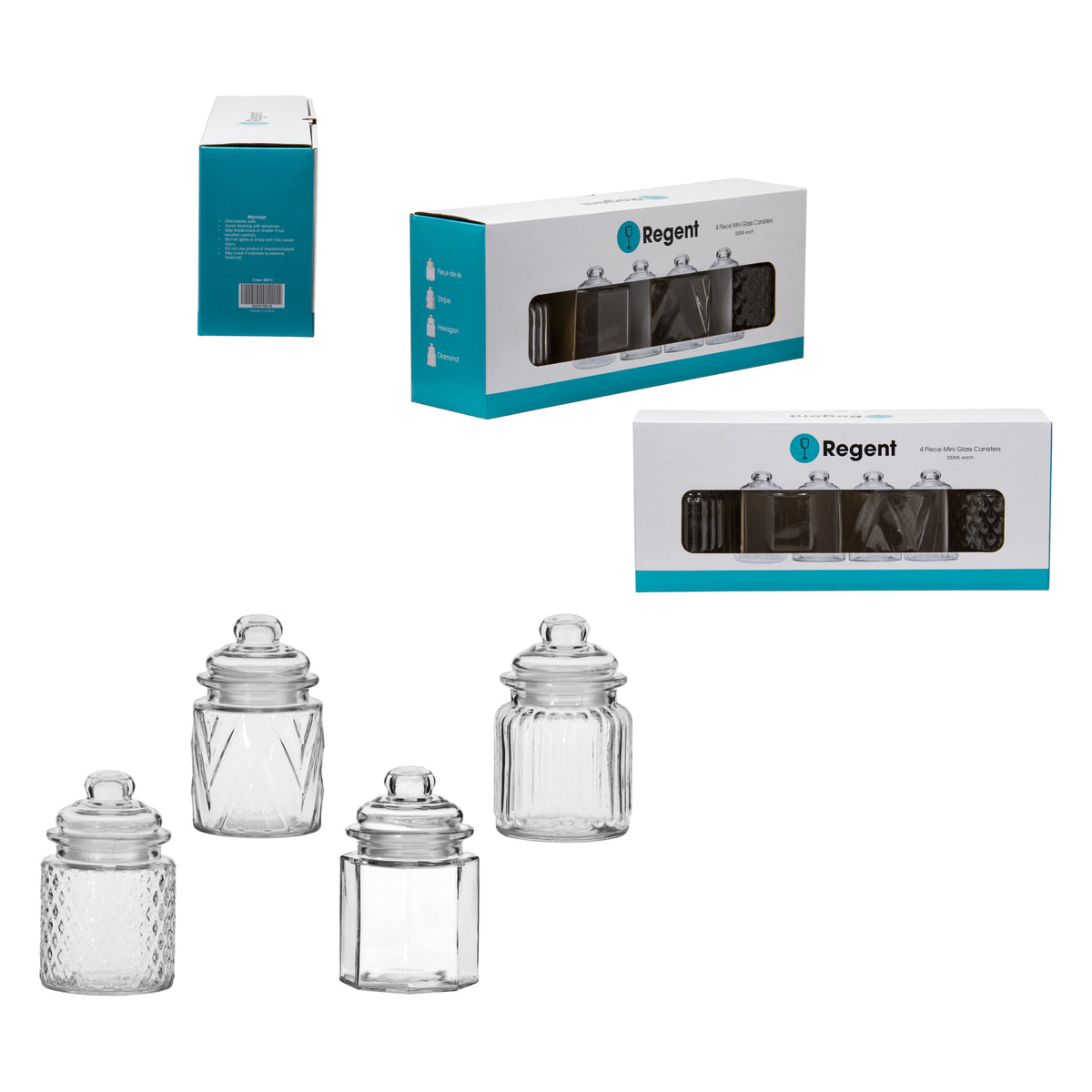 REGENT MINI GLASS CANISTERS ASSORTED DESIGNS 4PK, 300ML