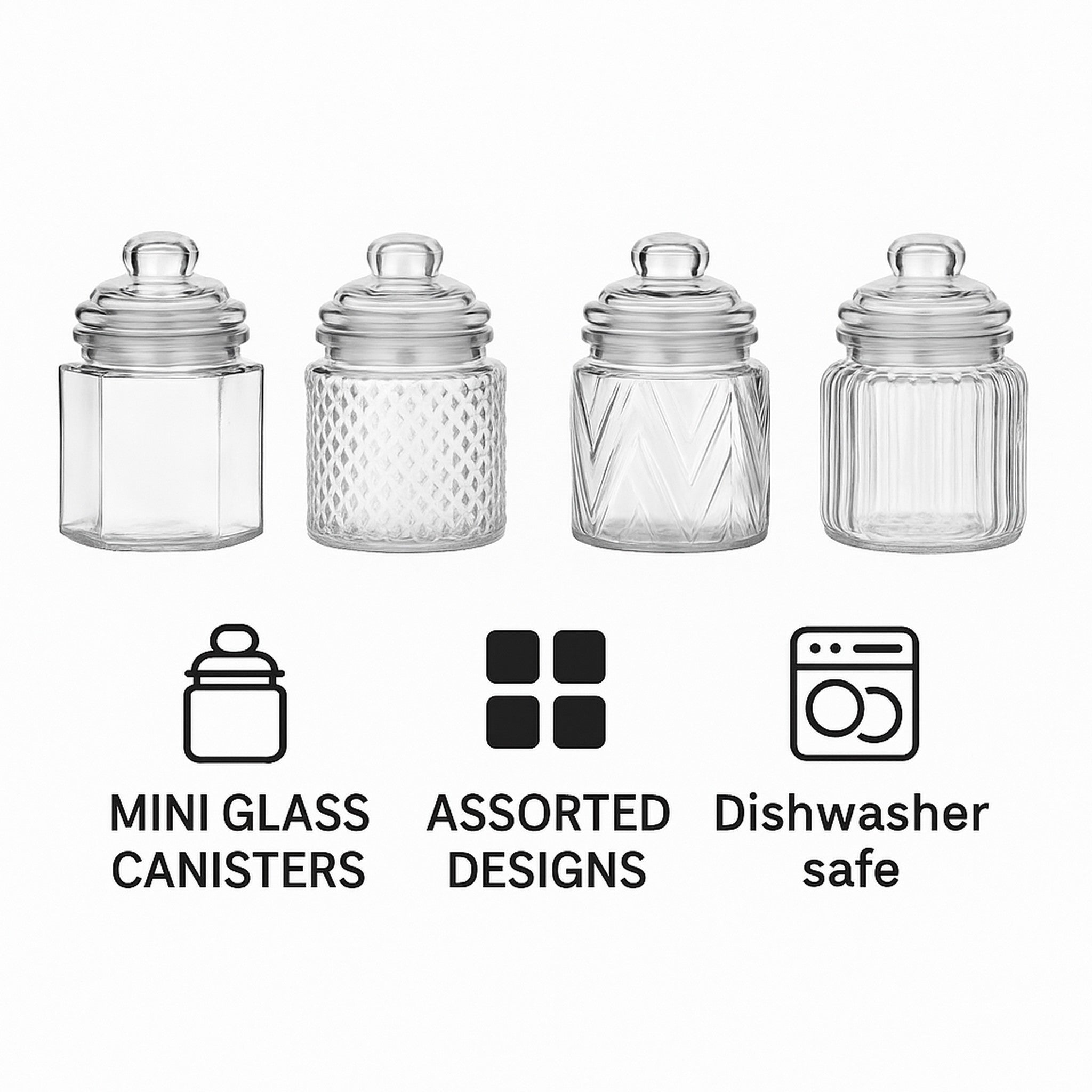REGENT MINI GLASS CANISTERS ASSORTED DESIGNS 4PK, 300ML
