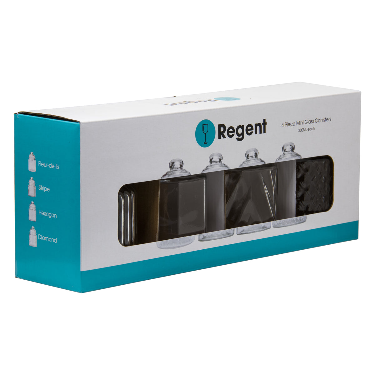 REGENT MINI GLASS CANISTERS ASSORTED DESIGNS 4PK, 300ML