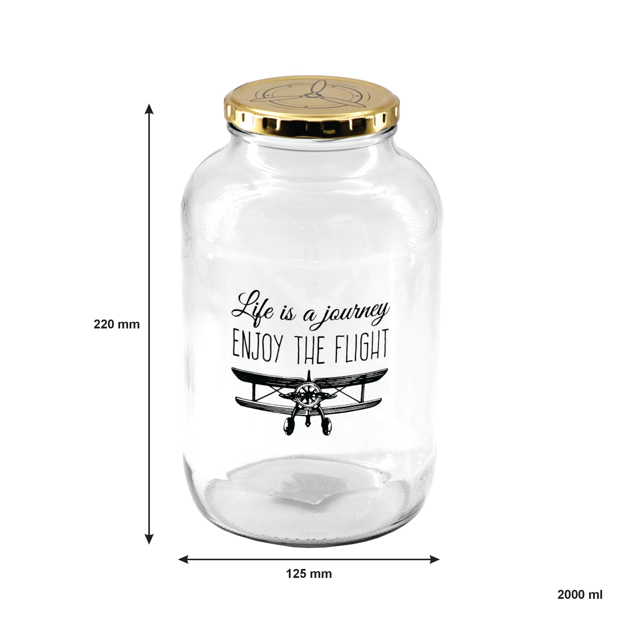 REGENT GLASS STORAGE JAR WITH GOLD LID LIFE IS A JOURNEY & AVIATORS CLUB 2PK, 2L