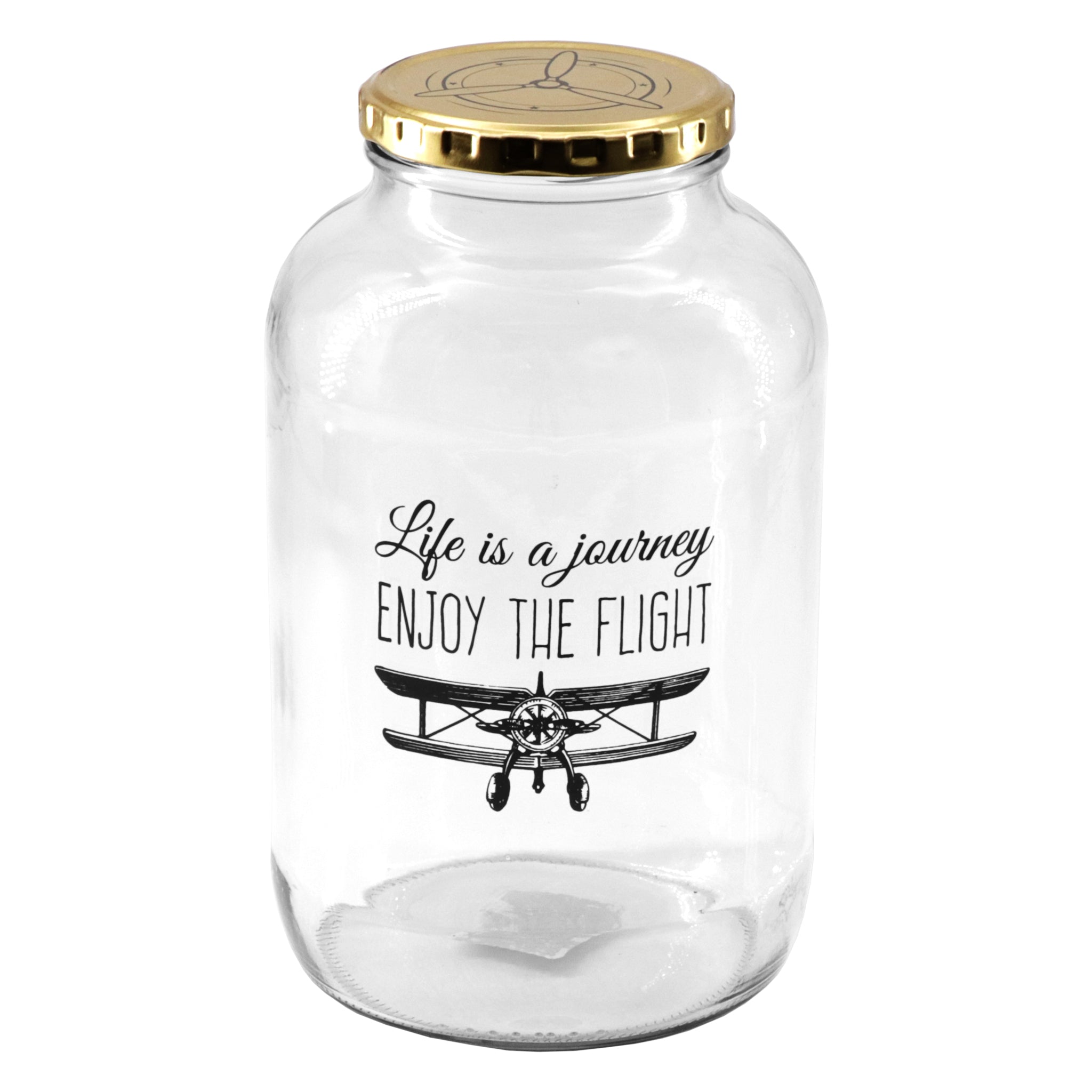 REGENT GLASS STORAGE JAR WITH GOLD LID LIFE IS A JOURNEY & AVIATORS CLUB 2PK, 2L