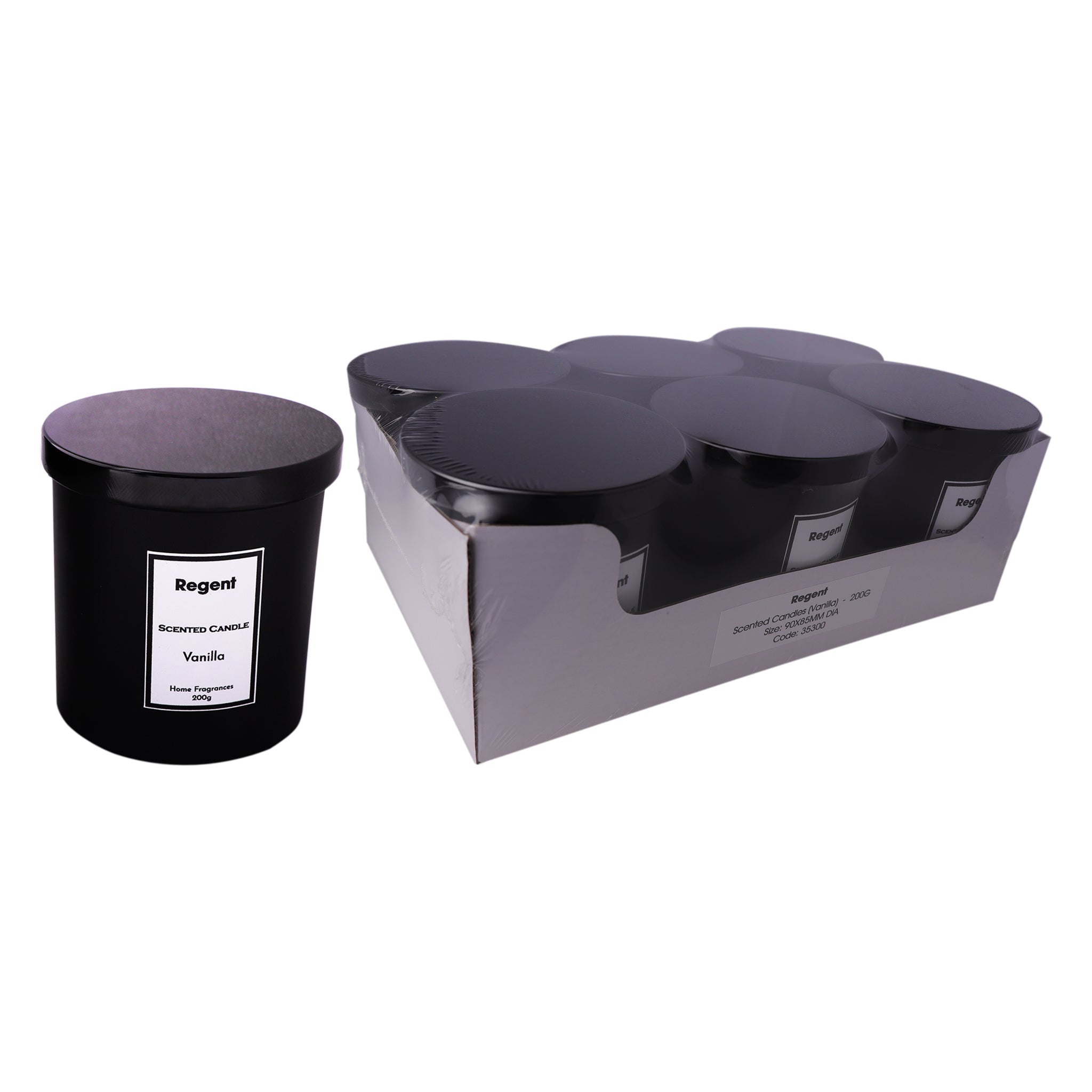 REGENT SCENTED CANDLES (VANILLA) IN A BLACK GLASS JAR WITH BLACK LID 6PK, 200G