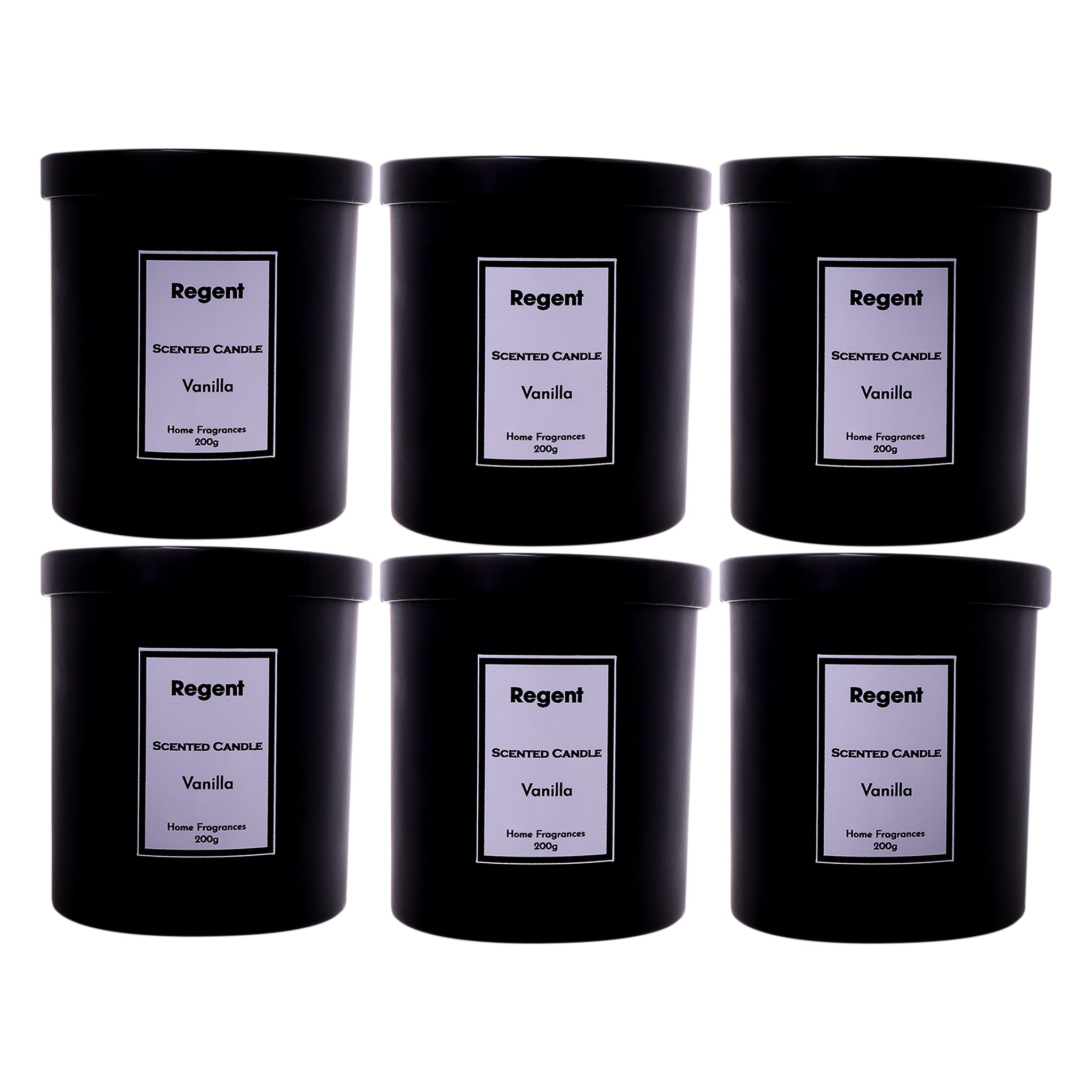 REGENT SCENTED CANDLES (VANILLA) IN A BLACK GLASS JAR WITH BLACK LID 6PK, 200G