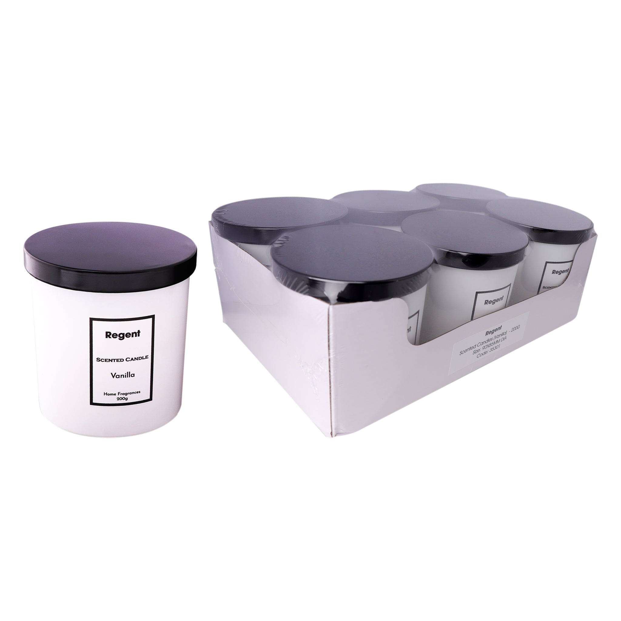REGENT SCENTED CANDLES (VANILLA) IN A WHITE GLASS JAR WITH BLACK LID 6PK, 200G