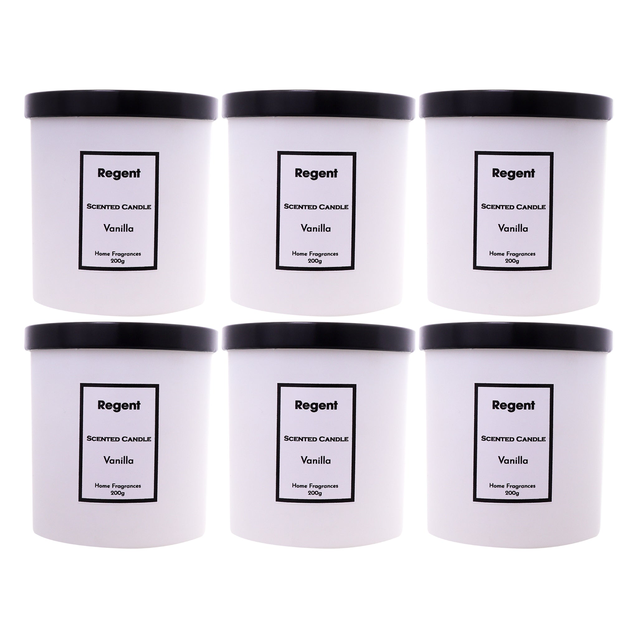 REGENT SCENTED CANDLES (VANILLA) IN A WHITE GLASS JAR WITH BLACK LID 6PK, 200G