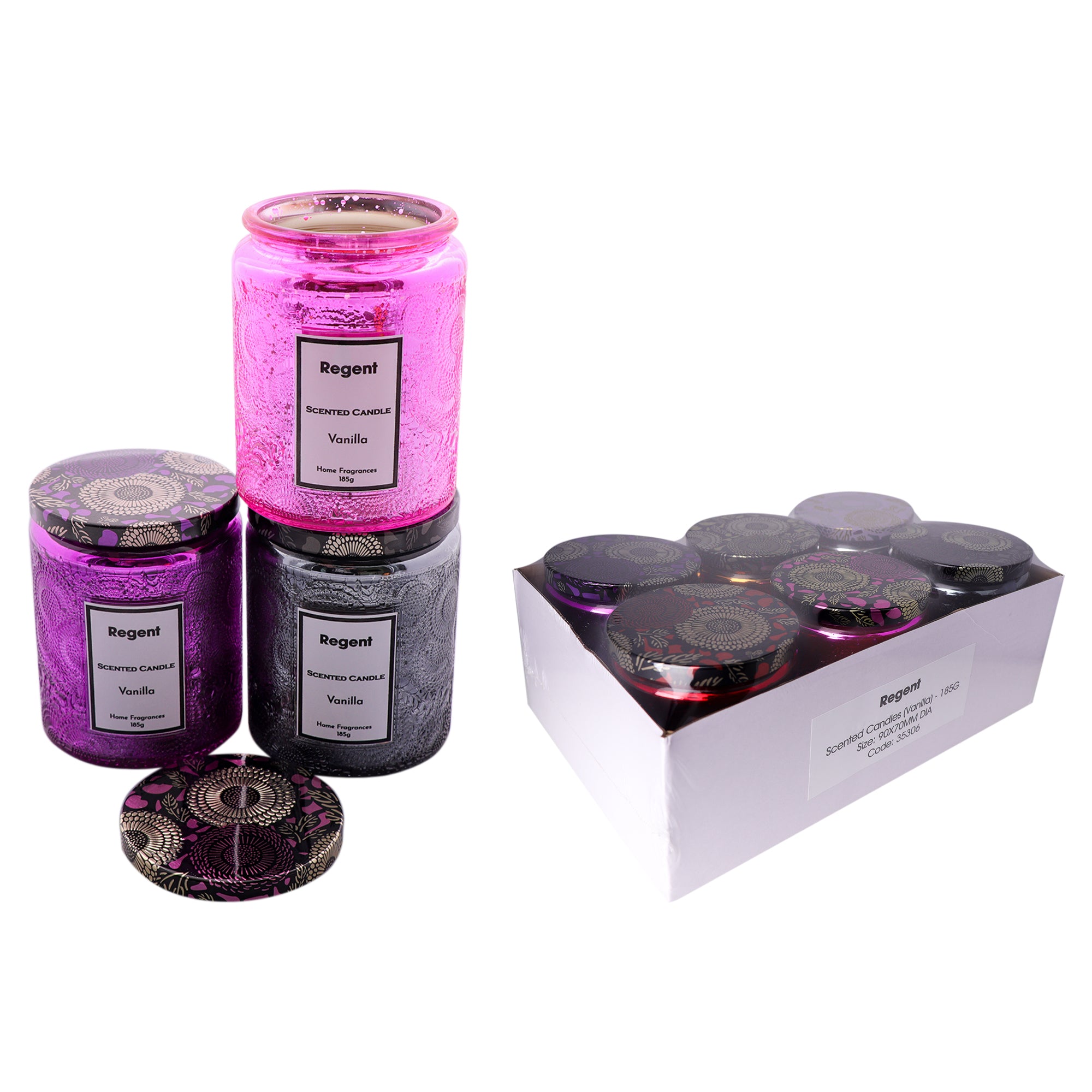 REGENT SCENTED CANDLES (VANILLA) IN EMBOSSED GLASS JARS, ASST. COLOURS 6PK, 185G