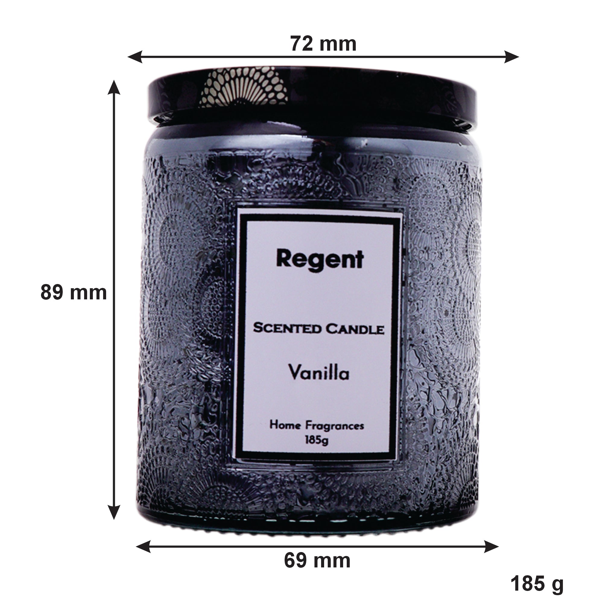 REGENT SCENTED CANDLES (VANILLA) IN EMBOSSED GLASS JARS, ASST. COLOURS 6PK, 185G