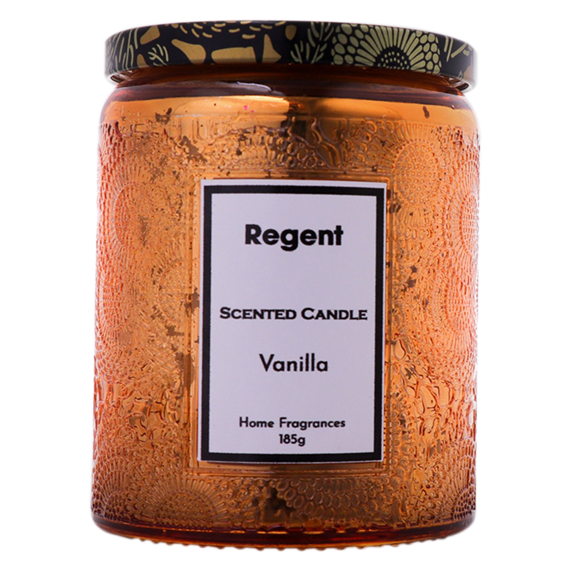 REGENT SCENTED CANDLES (VANILLA) IN EMBOSSED GLASS JARS, ASST. COLOURS 6PK, 185G