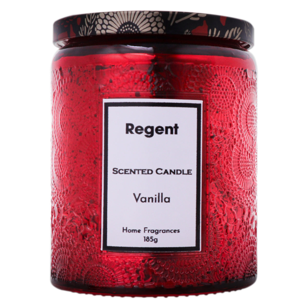 REGENT SCENTED CANDLES (VANILLA) IN EMBOSSED GLASS JARS, ASST. COLOURS 6PK, 185G