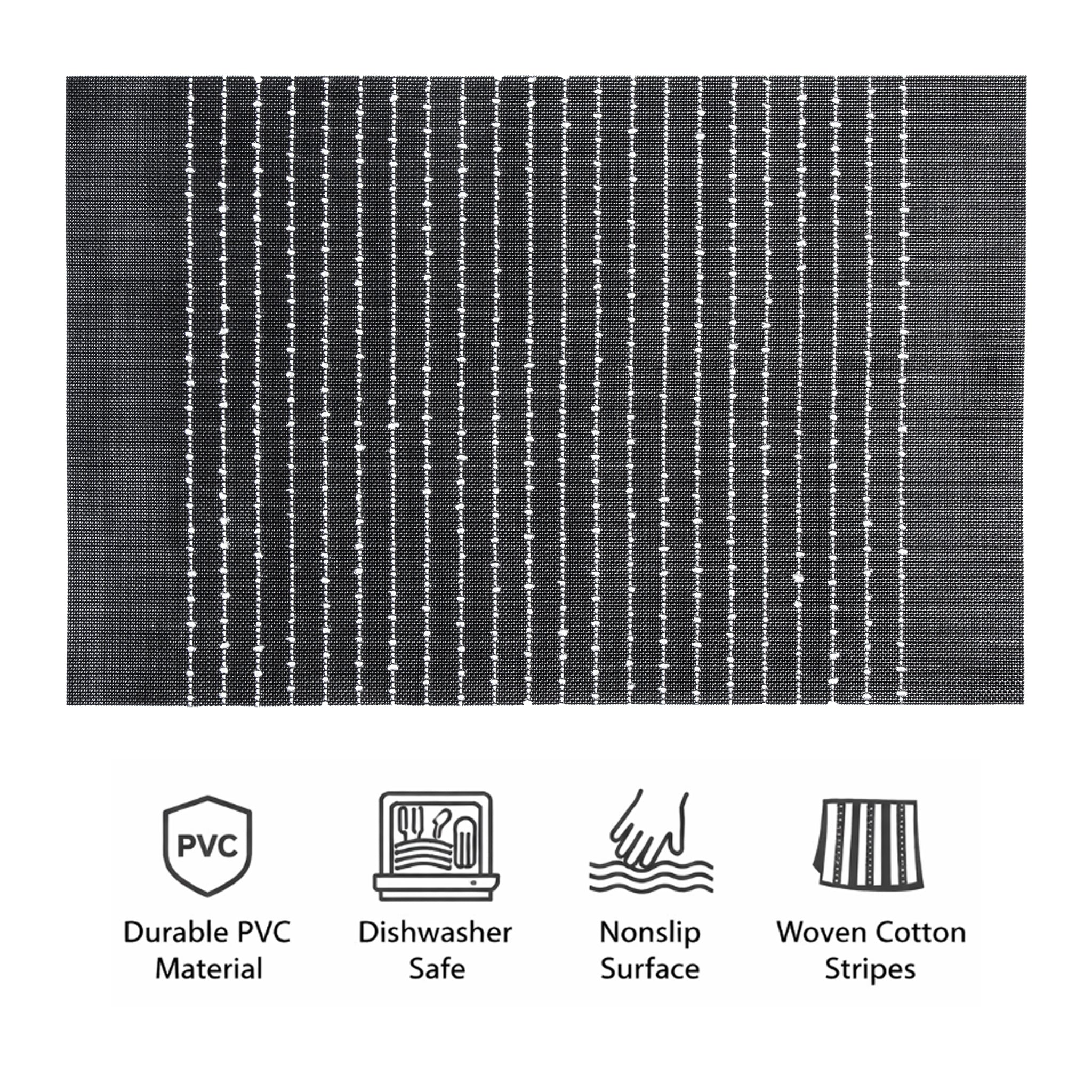 REGENT PLACE MATS WOVEN PVC BLACK WITH WHITE COTTON STRIPES, 300X450MM