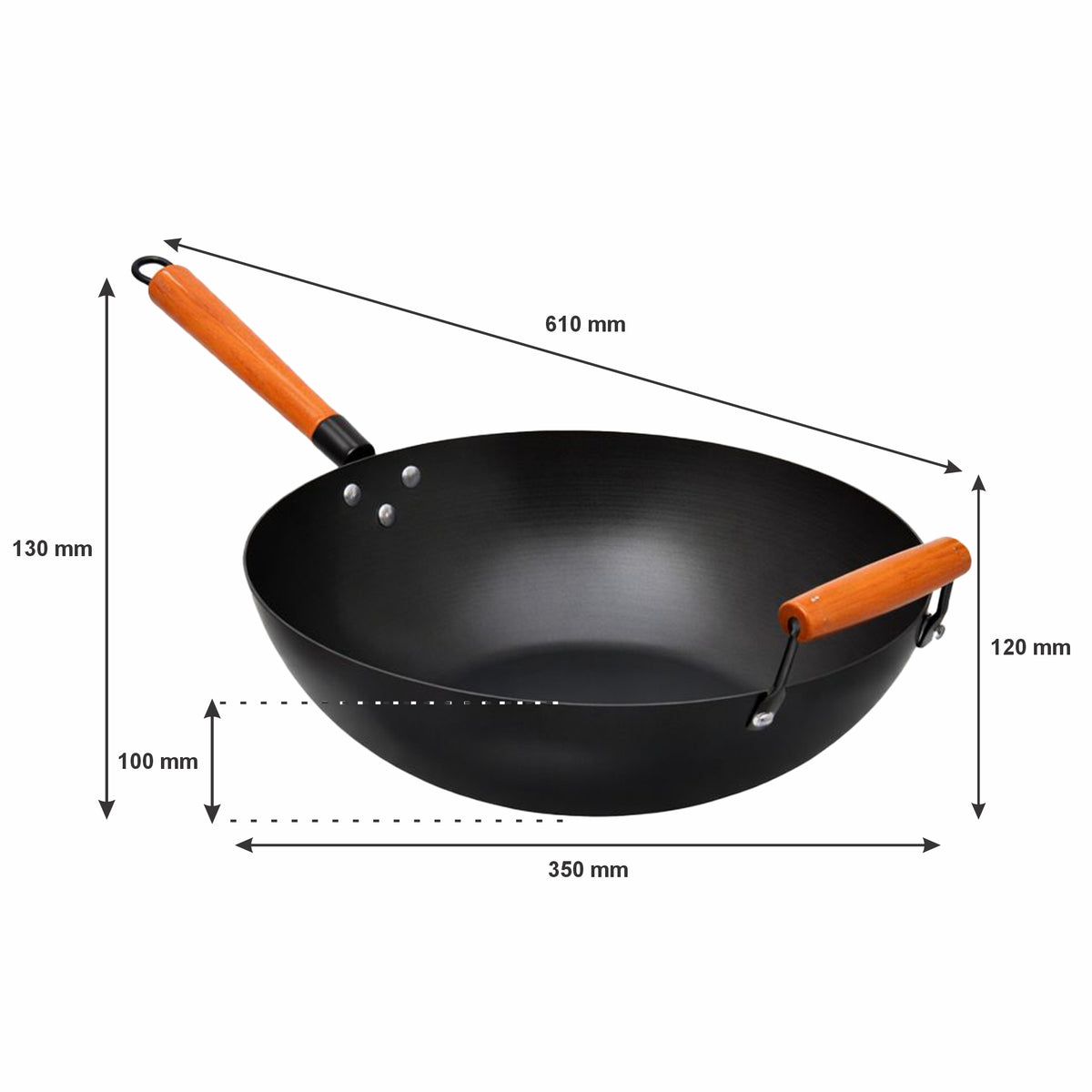 REGENT COOKWARE WOK CARBON STEEL WITH WOODEN HANDLE, 350MM DIA
