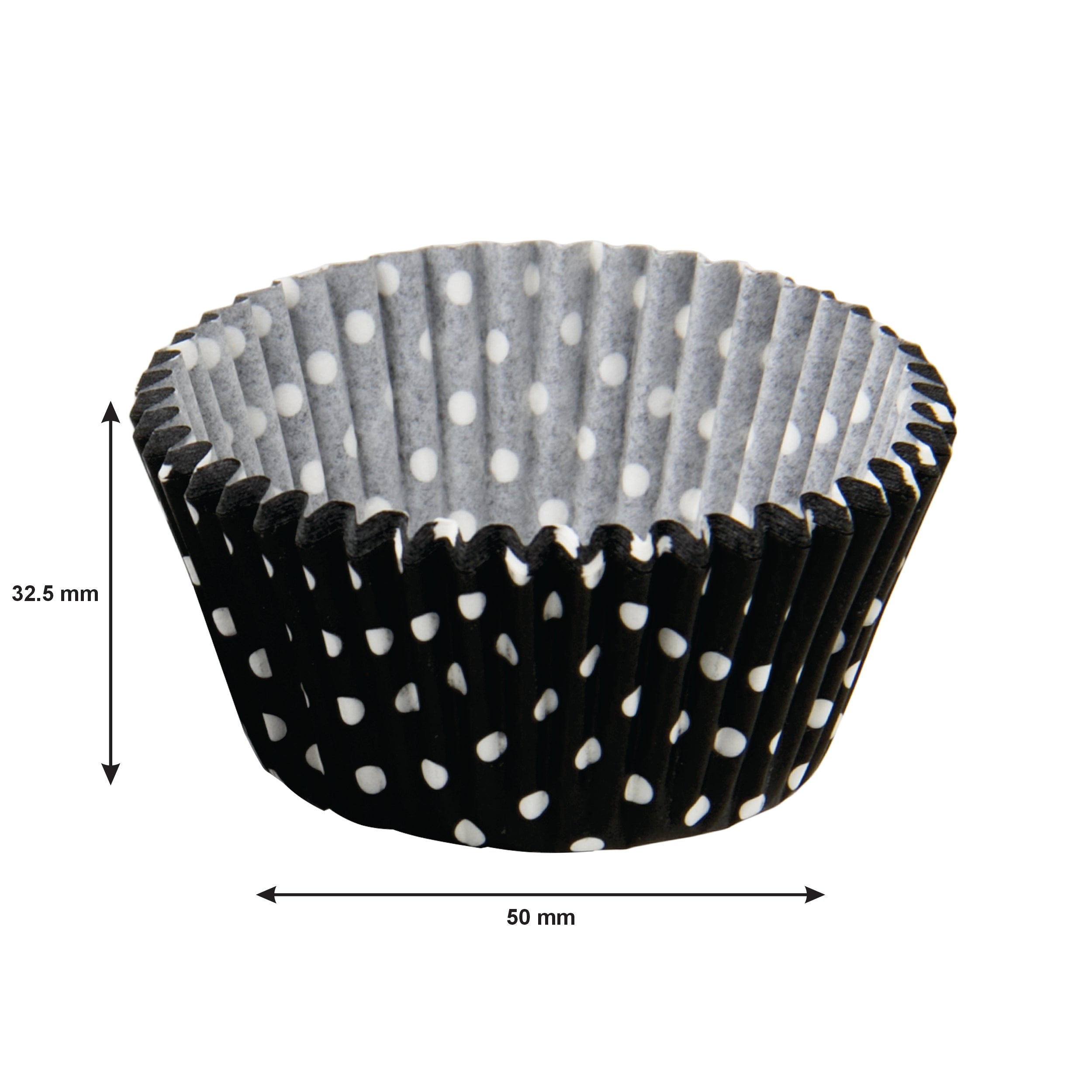 REGENT CAKE CUPS BLACK WITH WHITE DOTS 50PK, 50MM DIAX32.5MM