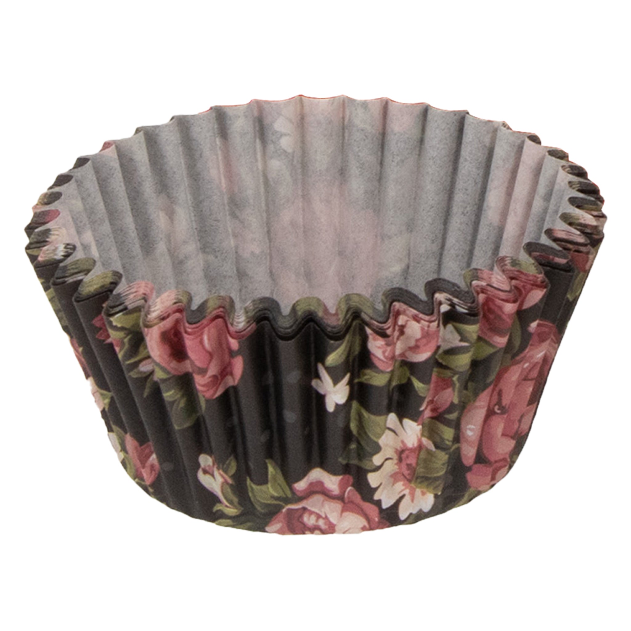 REGENT CAKE CUPS BLACK WITH PINK ROSES AND WHITE DAISIES 50PK, 50X32.5MM