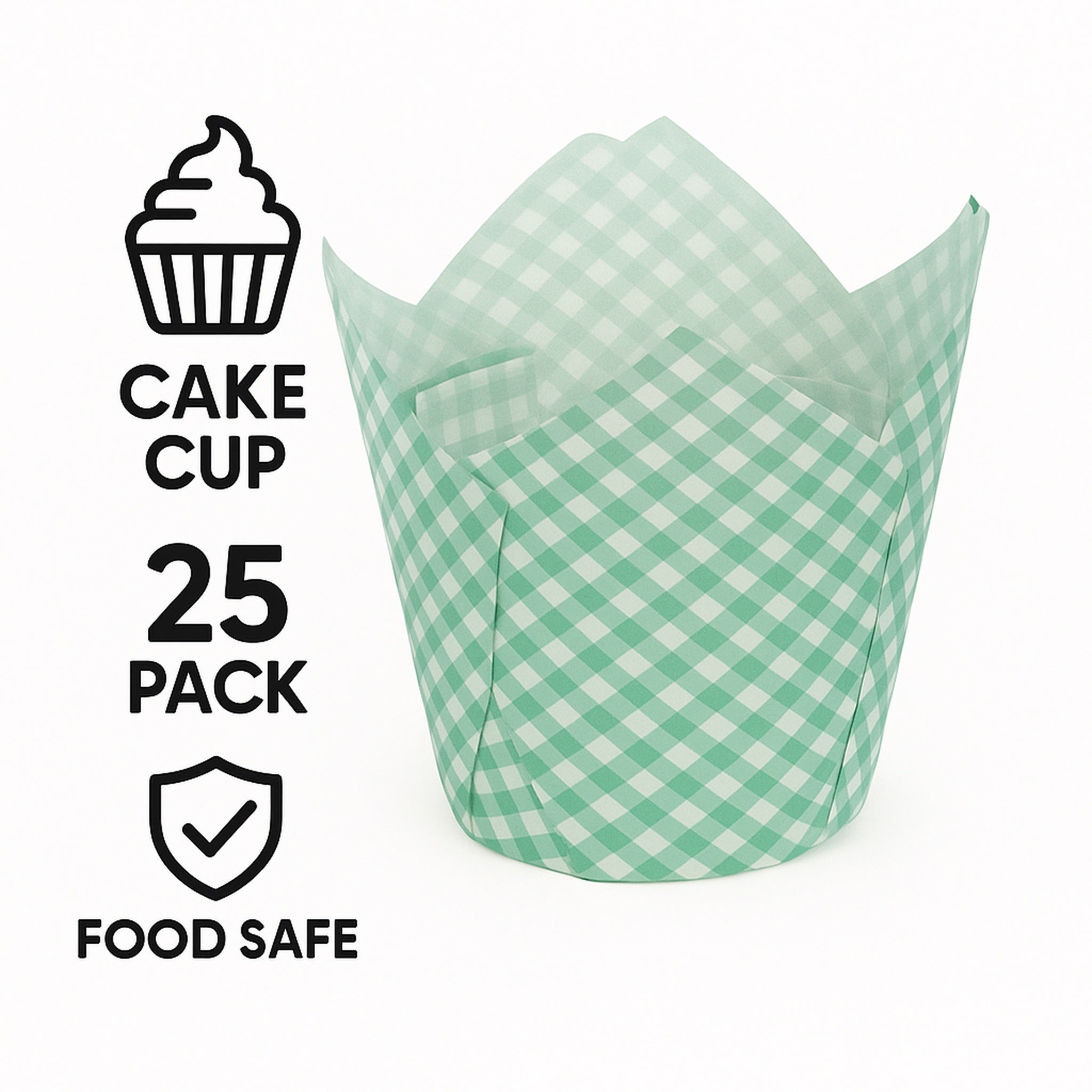 REGENT TULIP MUFFIN CUPS TURQUOISE WITH WHITE CHECKS GREASE PROOF PAPER 25PK, 80/50MM DIA