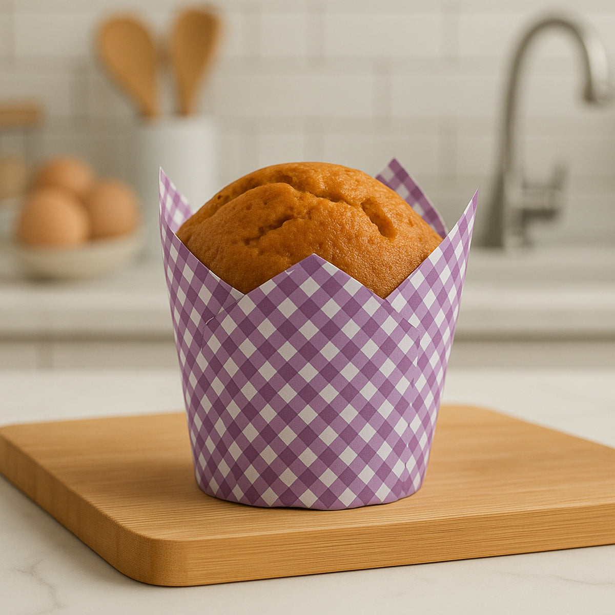 REGENT TULIP MUFFIN CUPS PURPLE WITH WHITE CHECKS GREASE PROOF PAPER 25PK, 80/50MM DIA