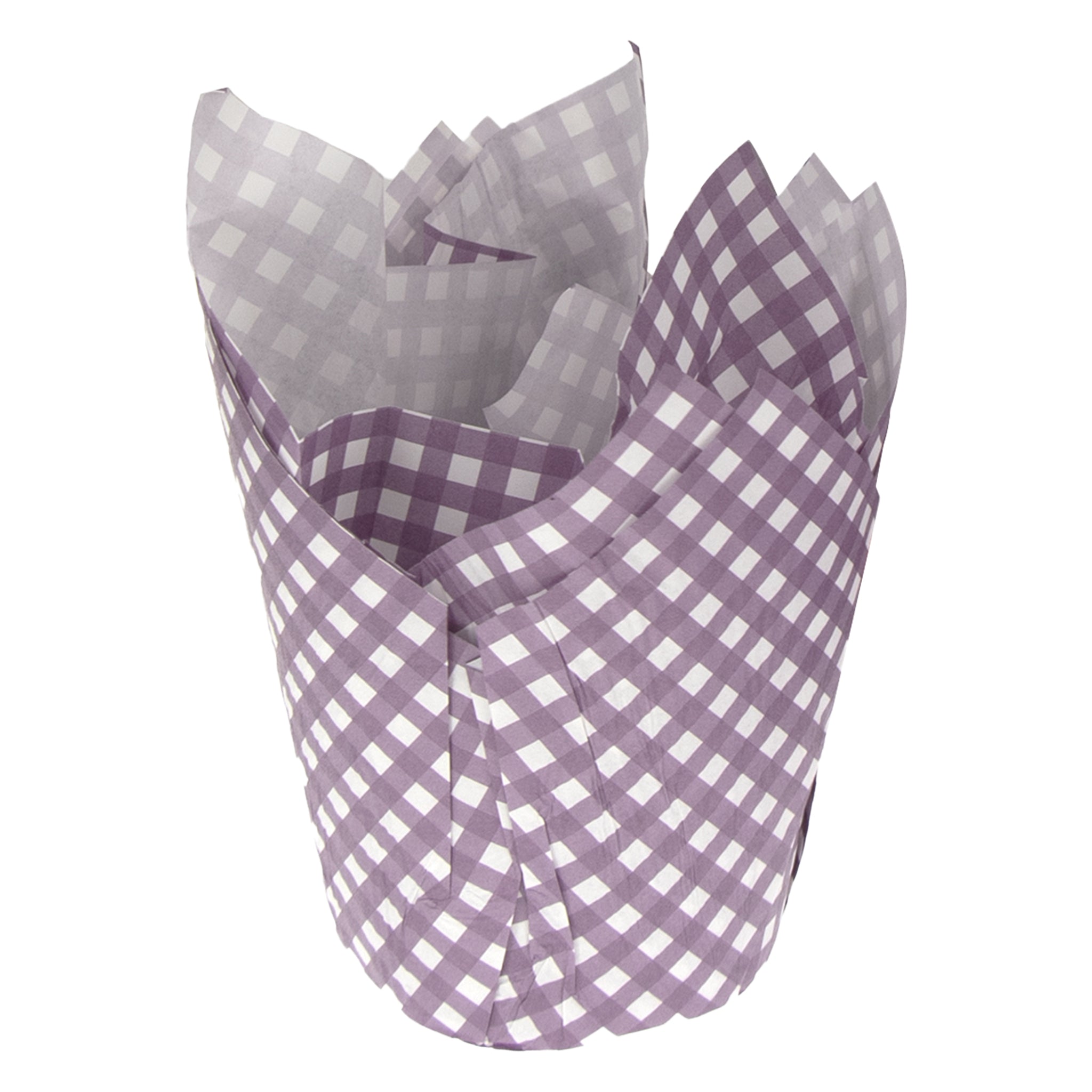 REGENT TULIP MUFFIN CUPS PURPLE WITH WHITE CHECKS GREASE PROOF PAPER 25PK, 80/50MM DIA