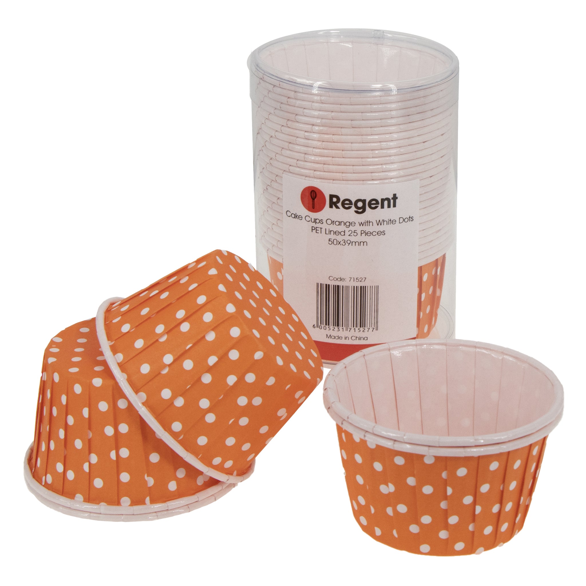REGENT CUPCAKE CUPS ORANGE WITH WHITE DOTS PET LINED 25PK, 50/70MM DIAX39MM