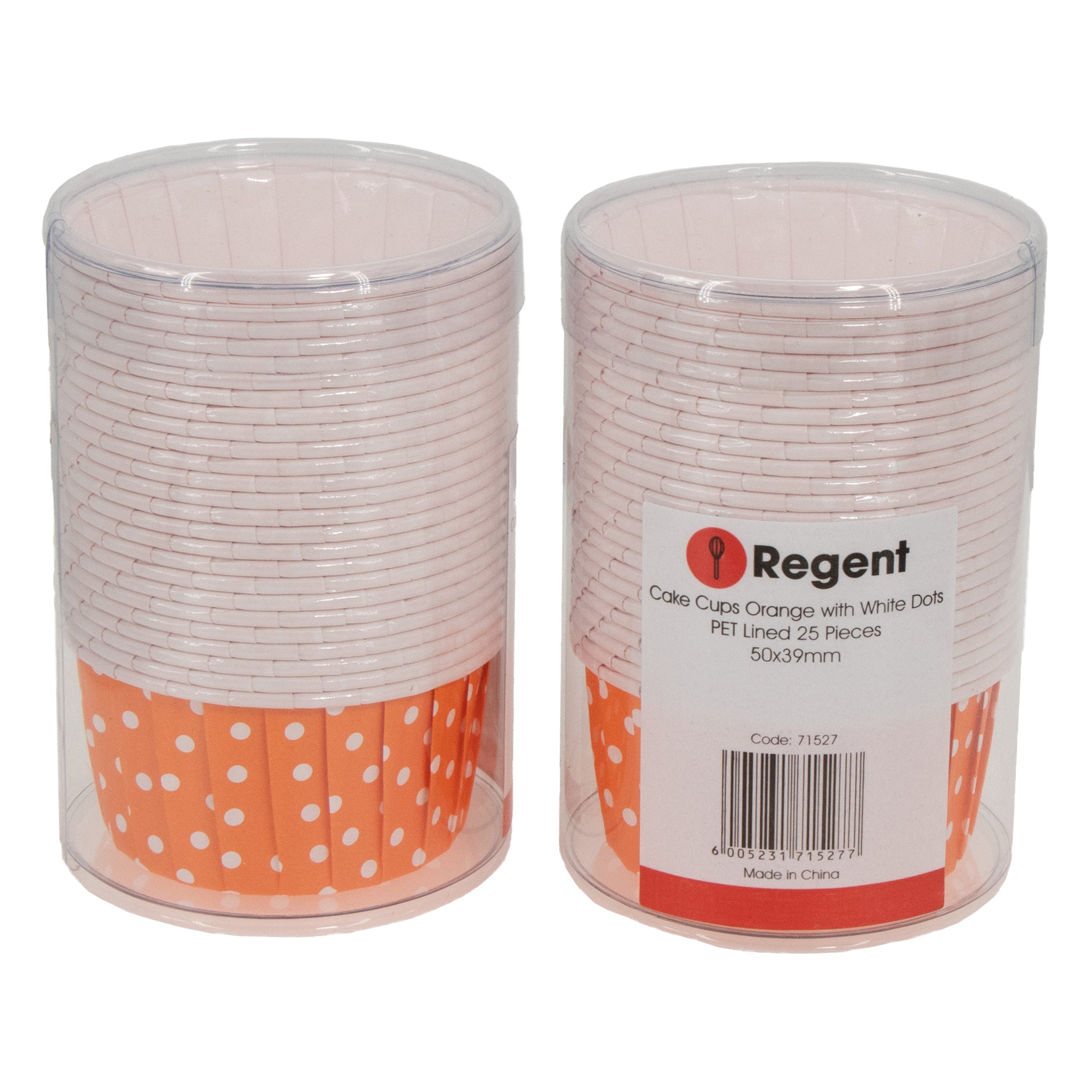 REGENT CUPCAKE CUPS ORANGE WITH WHITE DOTS PET LINED 25PK, 50/70MM DIAX39MM