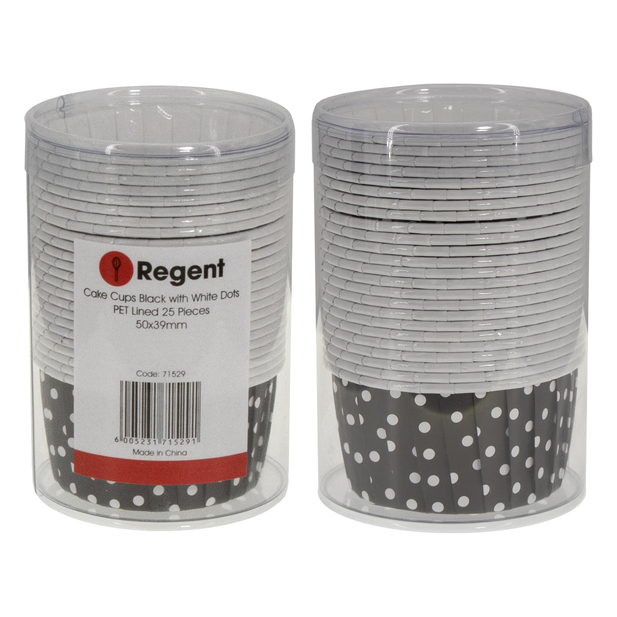 REGENT CUPCAKE CUPS BLACK WITH WHITE DOTS PET LINED 25PK, 70MM DIAX35MM