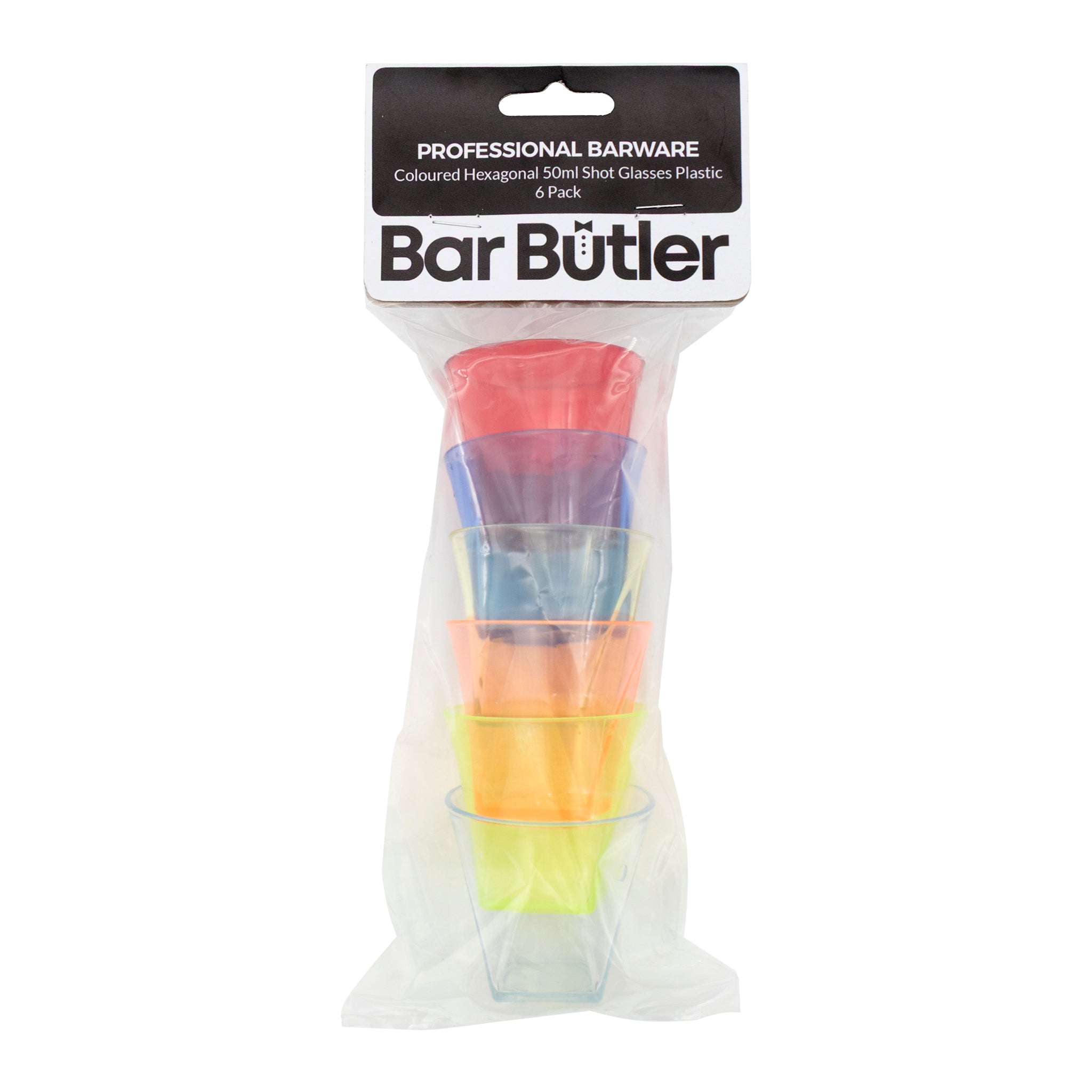 BAR BUTLER COLOURED SHOT GLASSES PLASTIC 6PK, 50ML - 52MM DIA