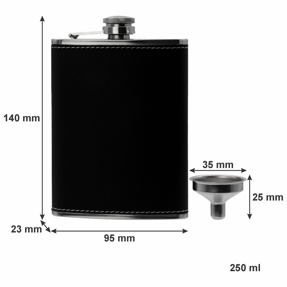 BAR BUTLER HIP FLASK ST STEEL WITH BLACK LEATHERETTE COVER AND FUNNEL, 250ML