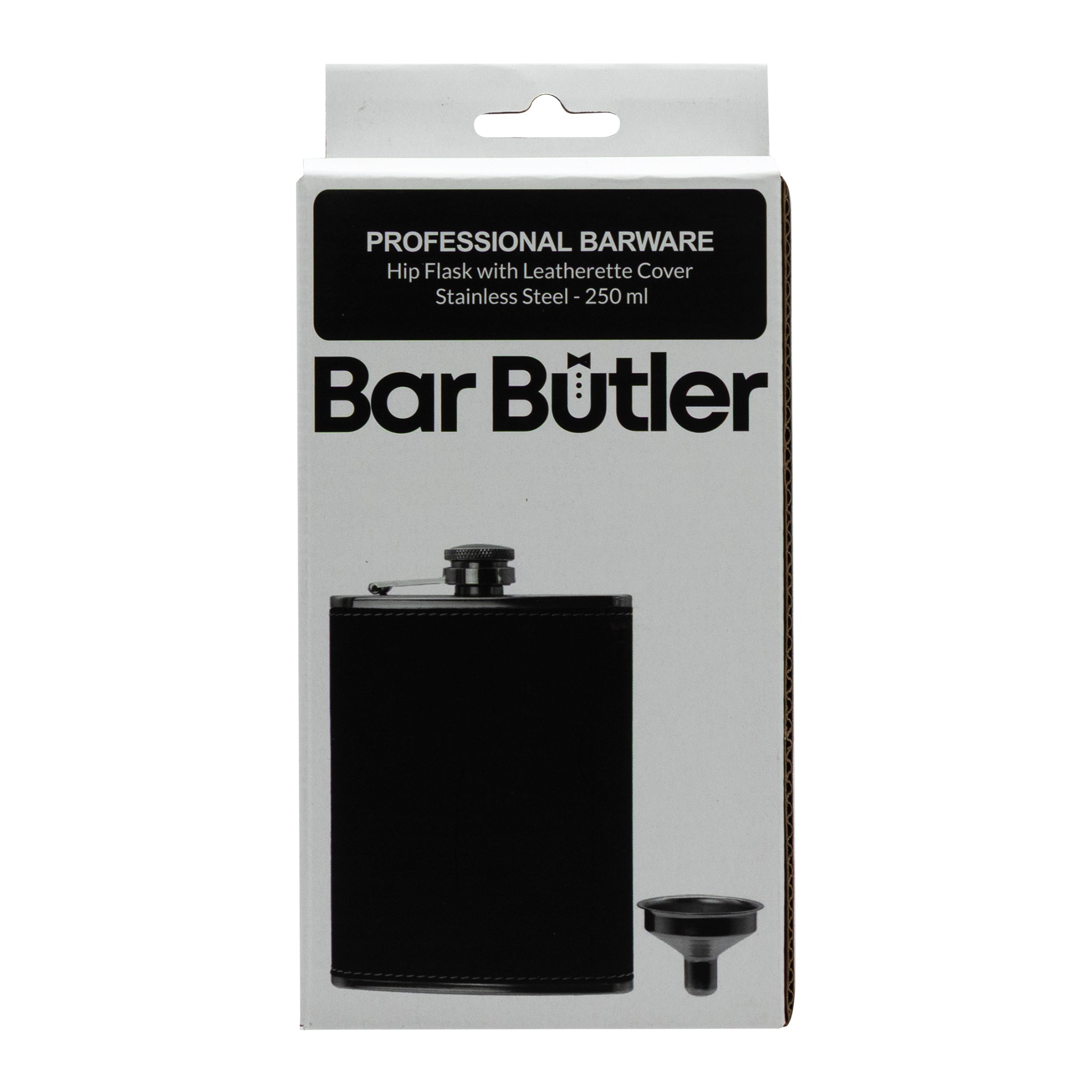 BAR BUTLER HIP FLASK ST STEEL WITH BLACK LEATHERETTE COVER AND FUNNEL, 250ML