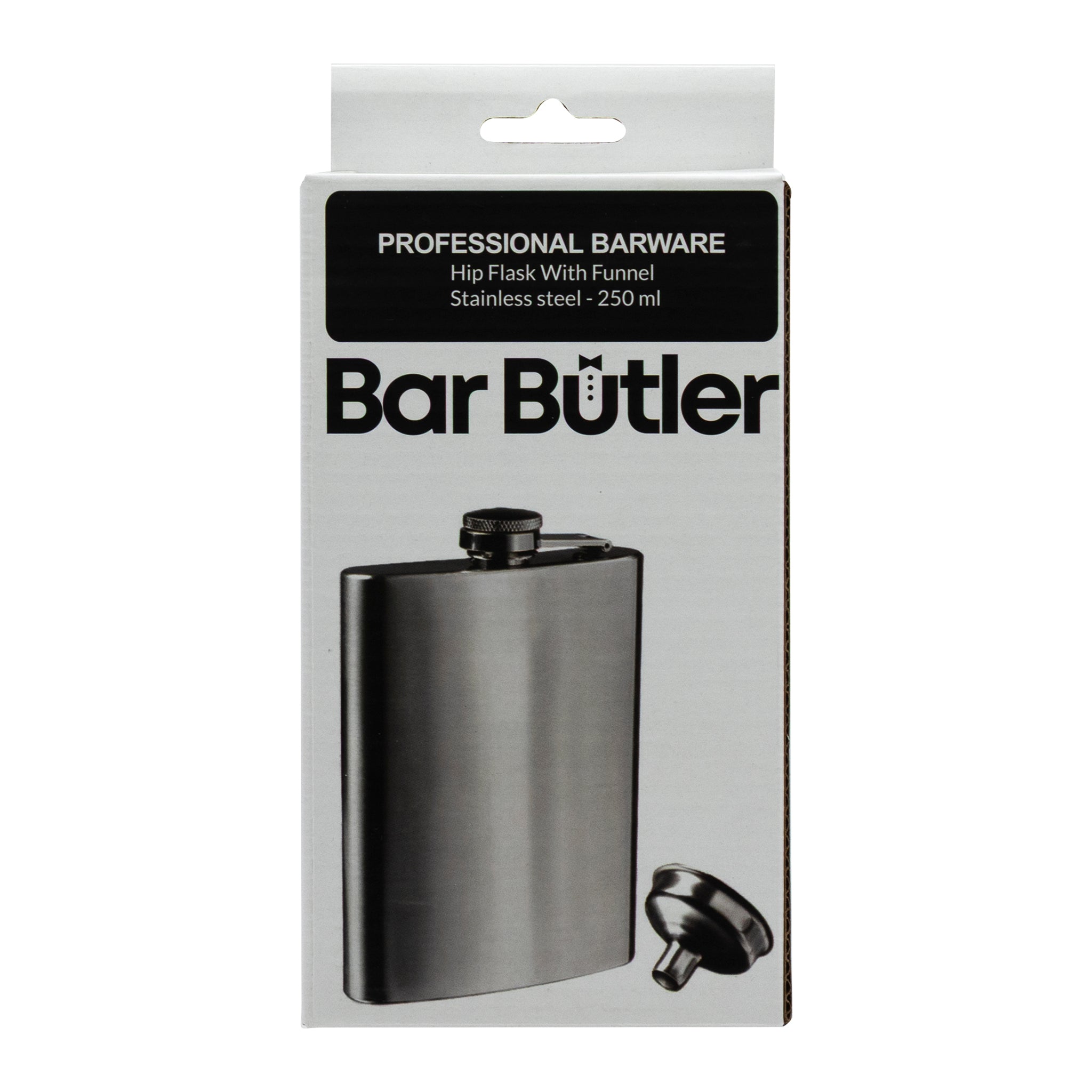 BAR BUTLER HIP FLASK WITH FUNNEL ST STEEL, 250ML