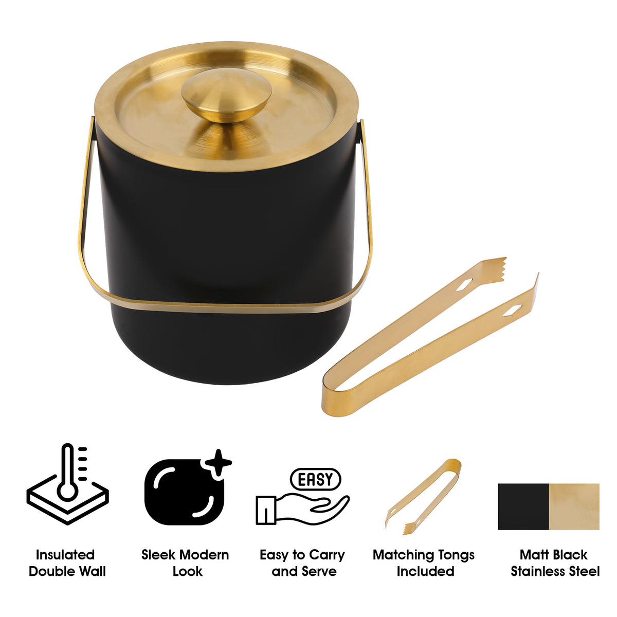 BAR BUTLER DOUBLE WALLED ICE BUCKET BLACK & GOLD WITH HANDLE, LID & TONG, 1.3L