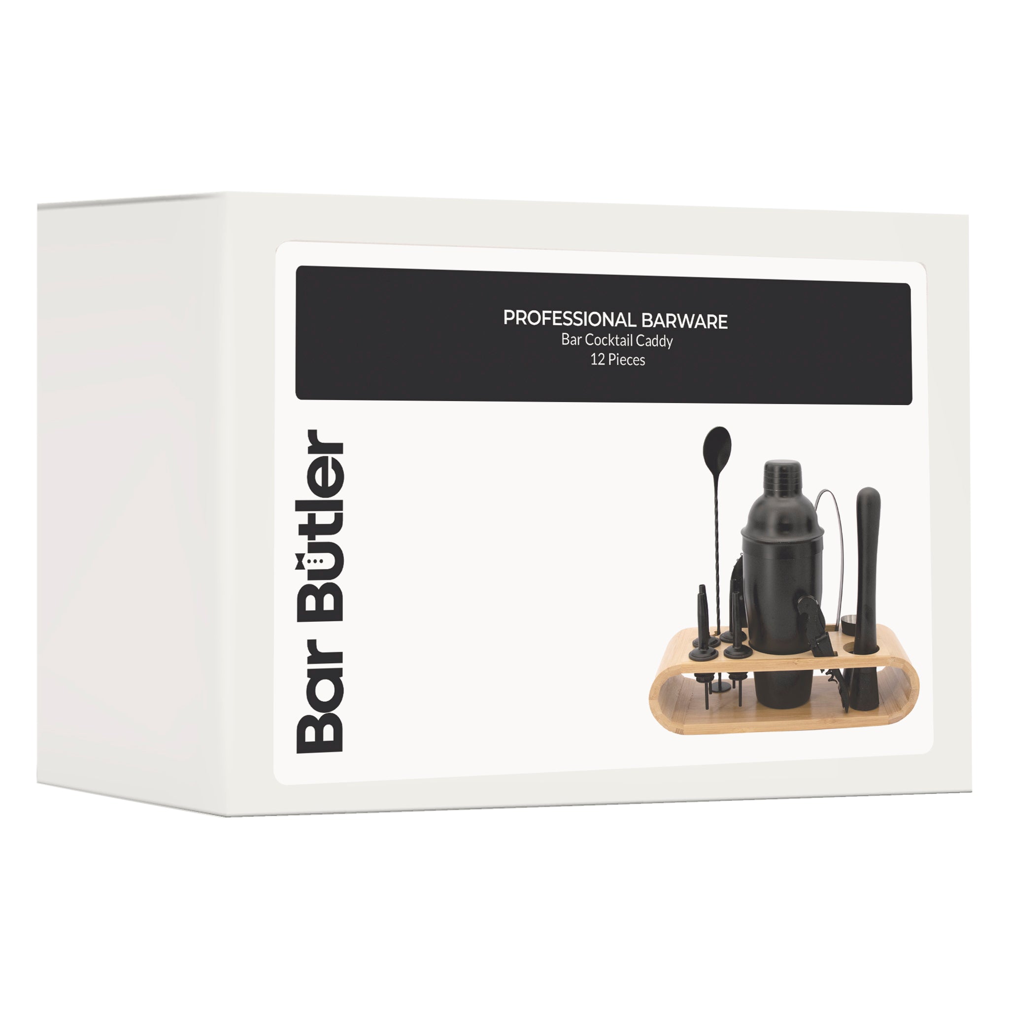 BAR BUTLER MATTE BLACK COCKTAIL BAR TOOLS ON A BAMBOO CADDY 12PCS SET