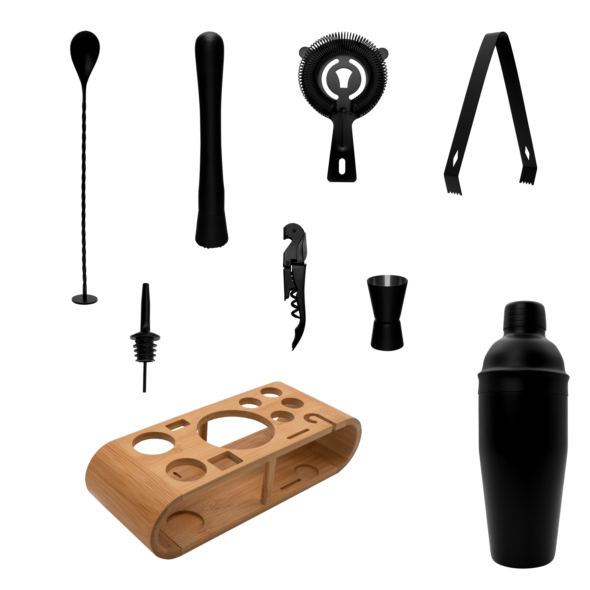BAR BUTLER MATTE BLACK COCKTAIL BAR TOOLS ON A BAMBOO CADDY 12PCS SET