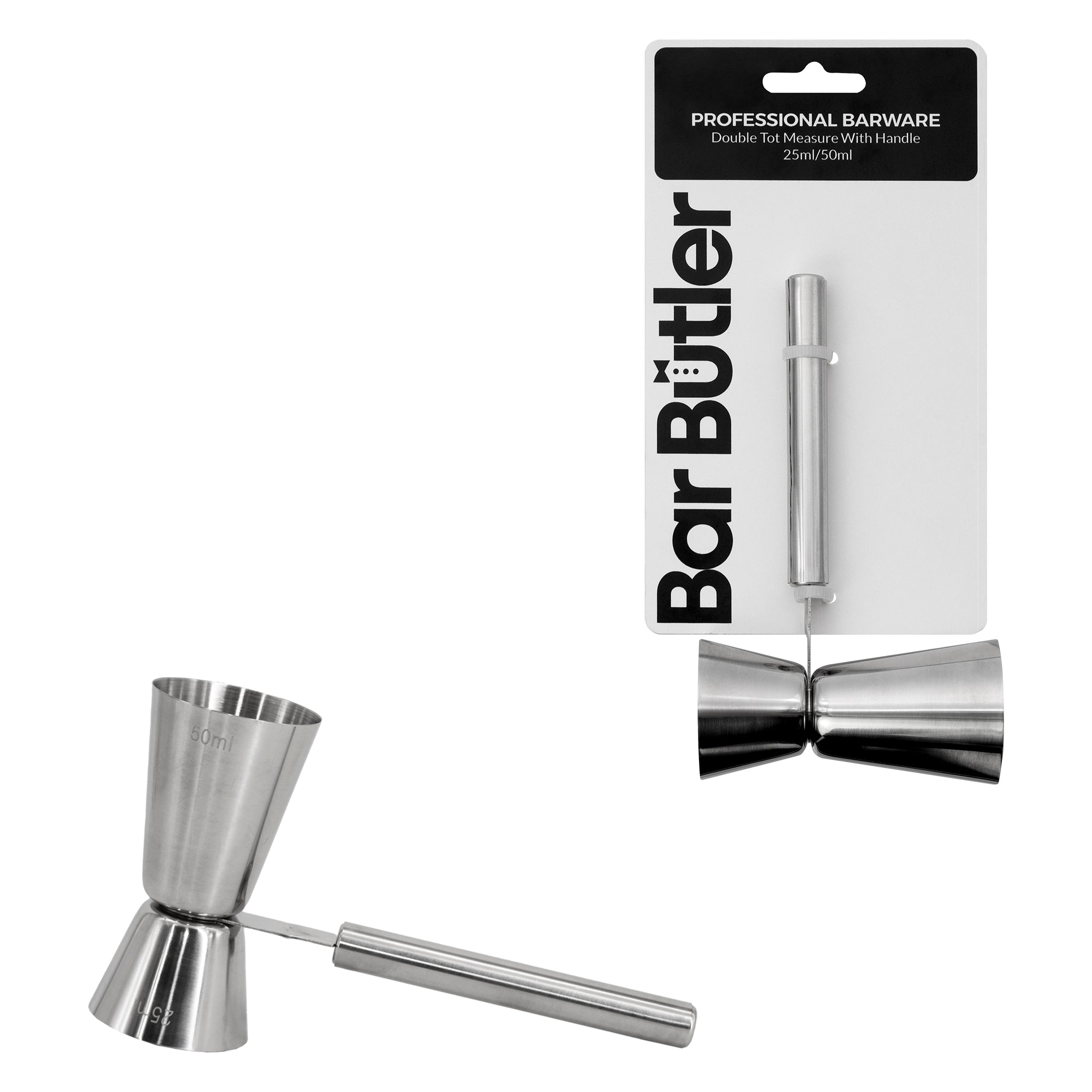 BAR BUTLER DOUBLE TOT MEASURE WITH HANDLE ST STEEL, 25ML/50ML