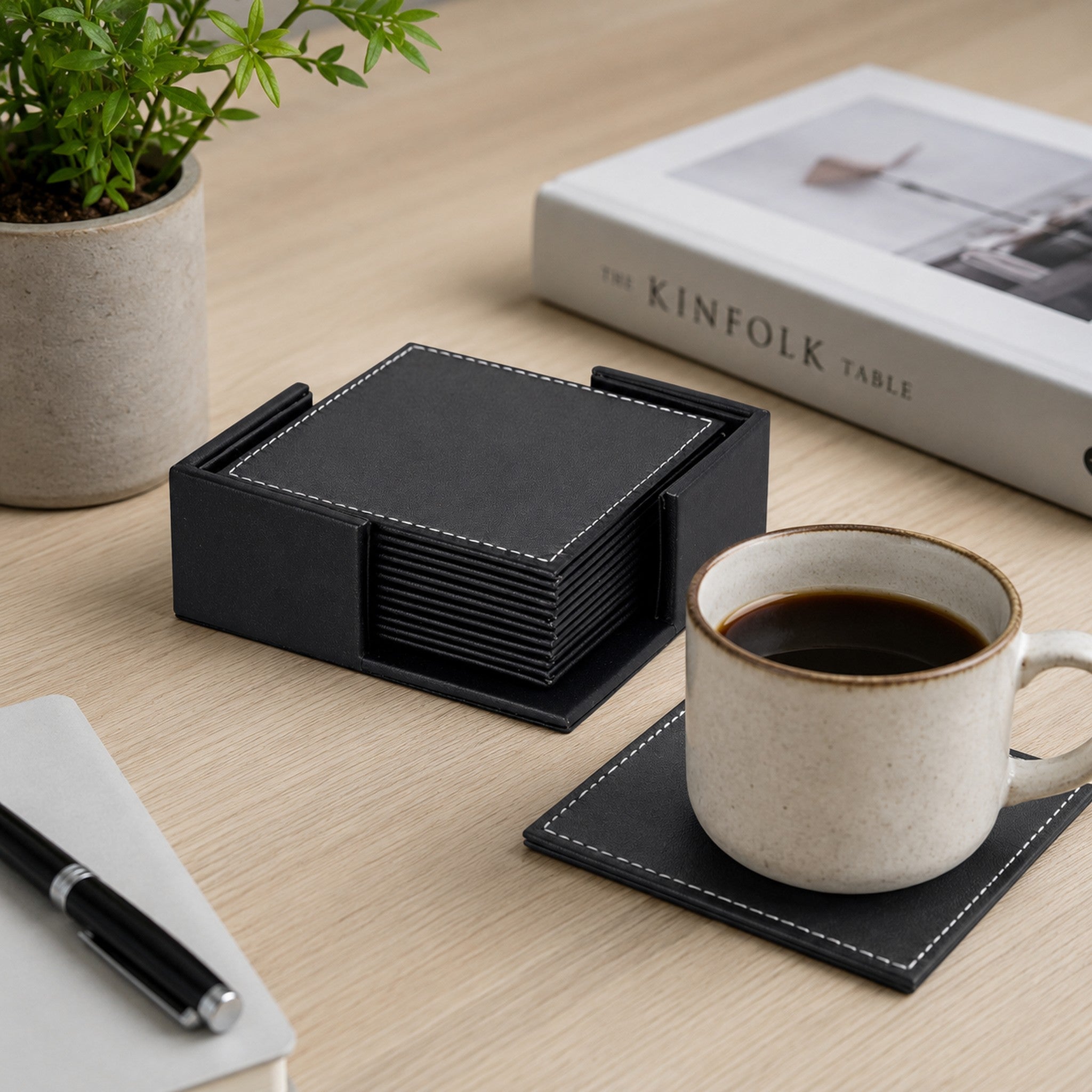 BAR BUTLER SQUARE LEATHERETTE COASTERS 100X100MM IN HOLDER 7 PIECE SET