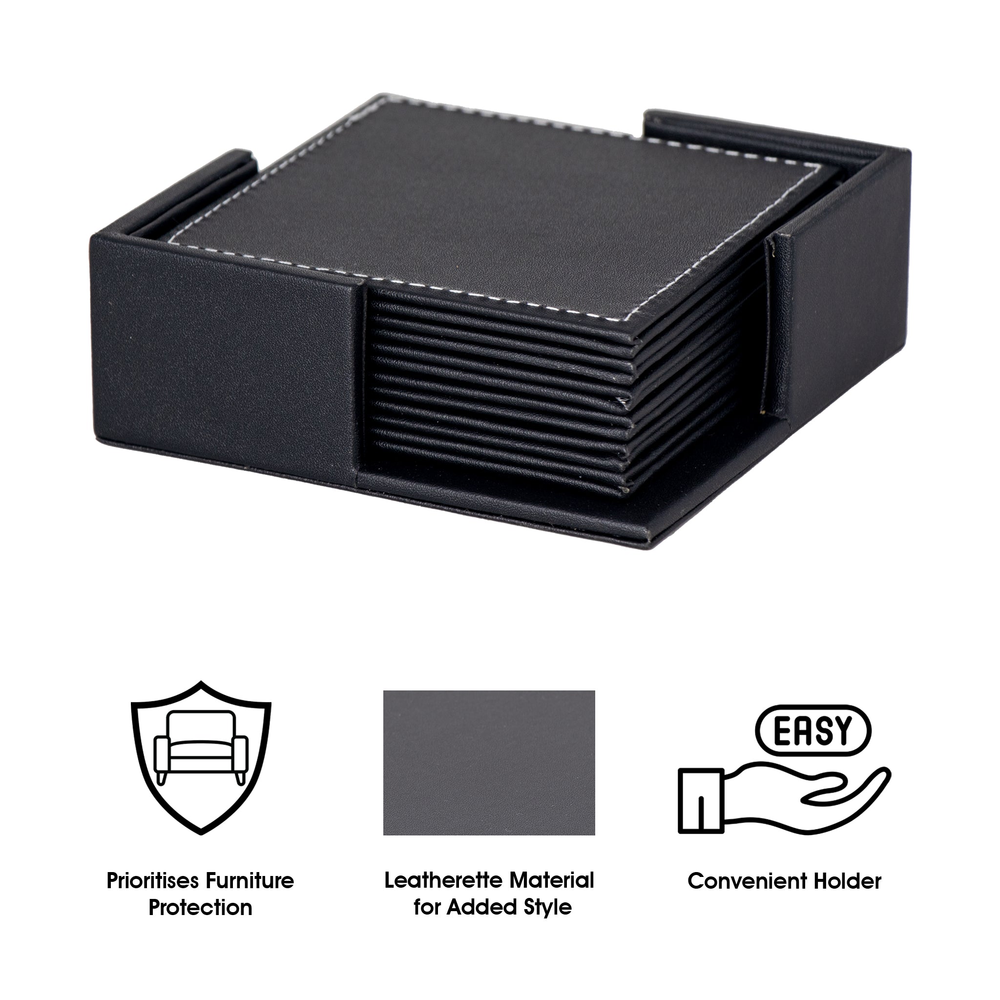 BAR BUTLER SQUARE LEATHERETTE COASTERS 100X100MM IN HOLDER 7 PIECE SET