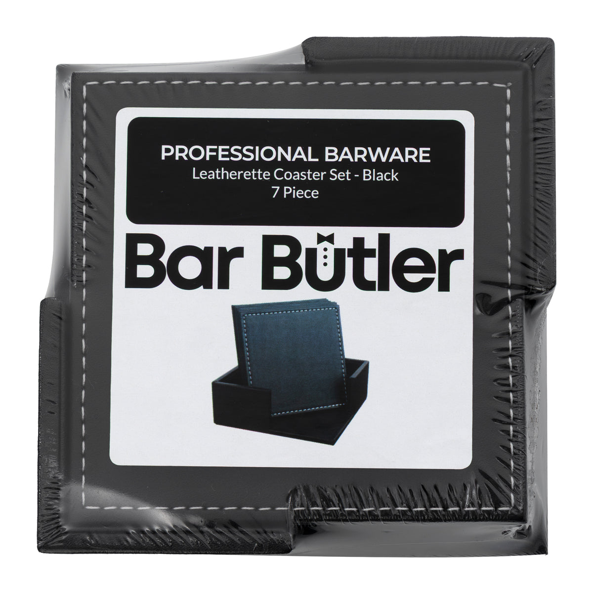 BAR BUTLER SQUARE LEATHERETTE COASTERS 100X100MM IN HOLDER 7 PIECE SET