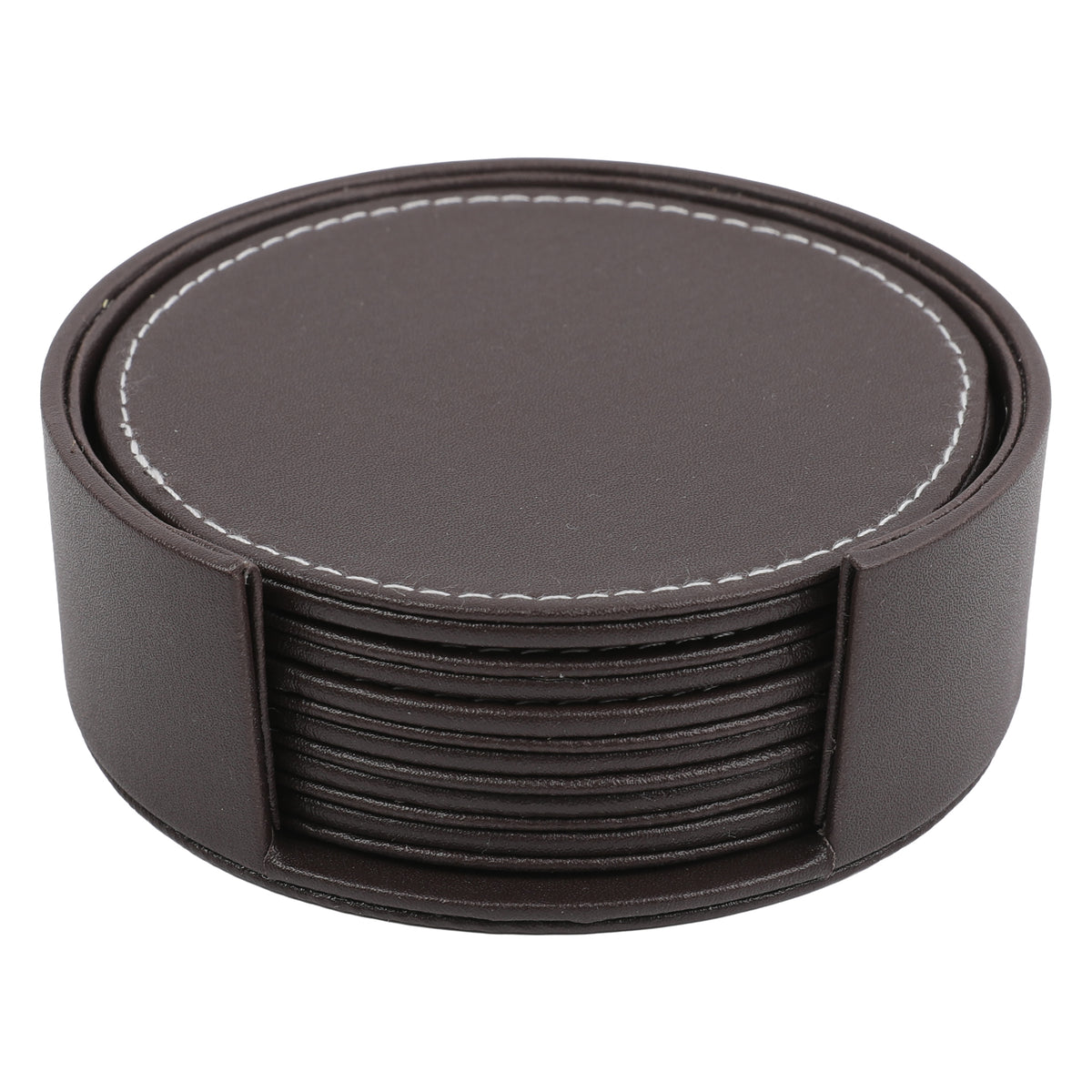 BAR BUTLER ROUND LEATHERETTE COASTERS 100MM DIA. IN HOLDER 7 PIECE SET