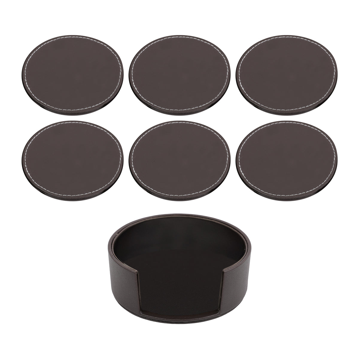 BAR BUTLER ROUND LEATHERETTE COASTERS 100MM DIA. IN HOLDER 7 PIECE SET