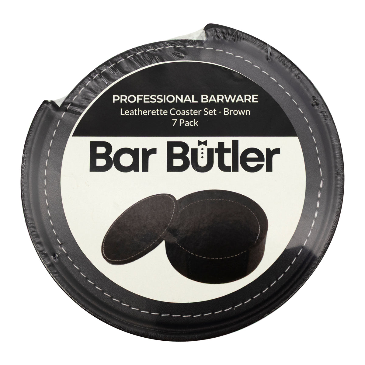 BAR BUTLER ROUND LEATHERETTE COASTERS IN HOLDER 7PCS SET, 100MM DIA.